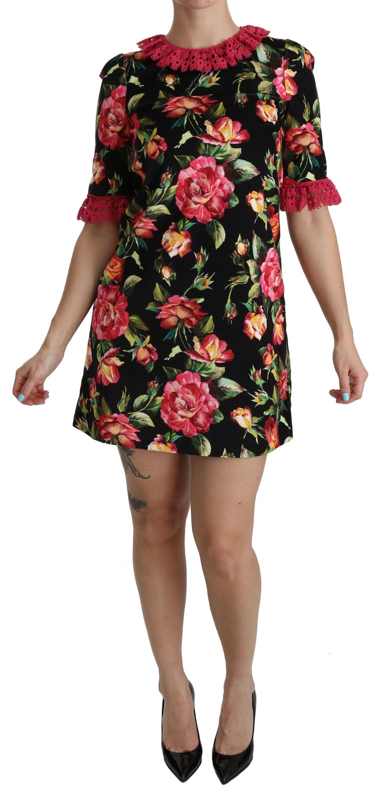 Dolce & Gabbana Floral Pink Lace A-Line Shift Mini Women's Dress