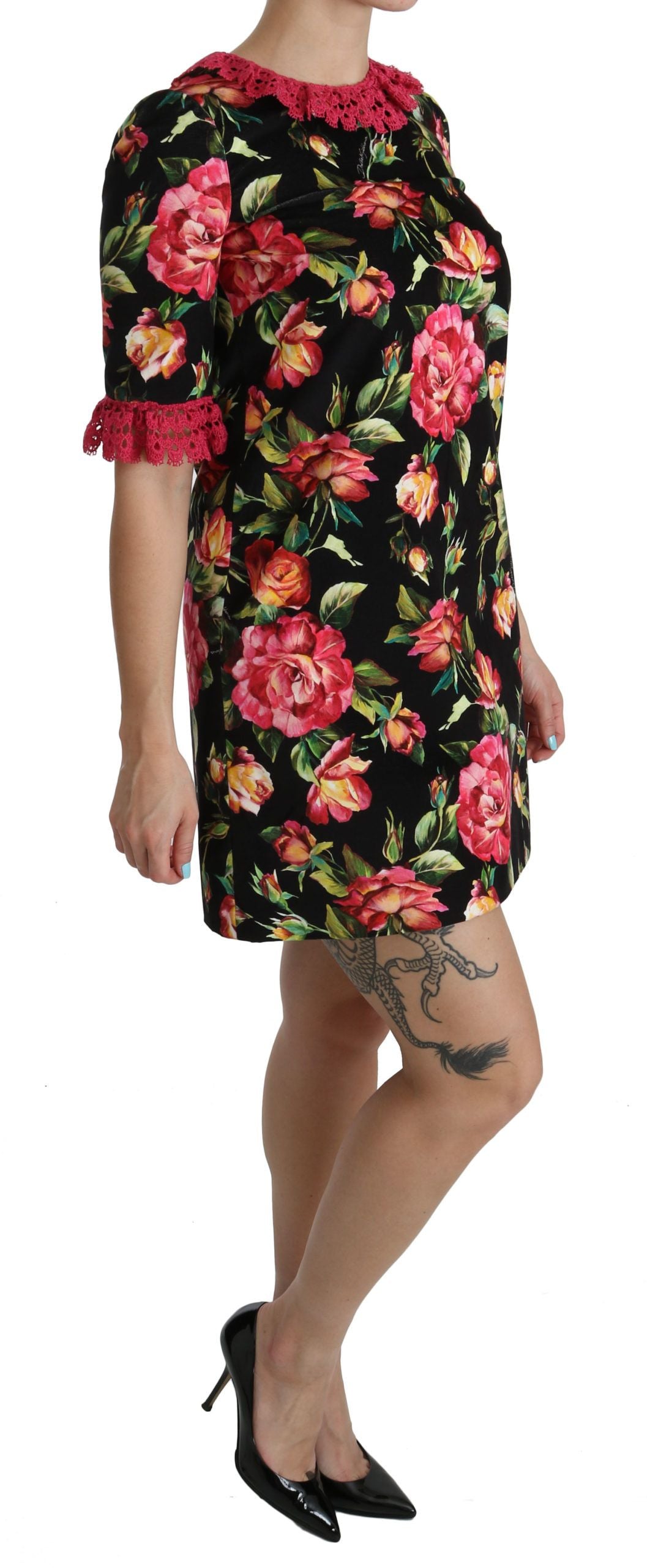 Dolce & Gabbana Floral Pink Lace A-Line Shift Mini Women's Dress