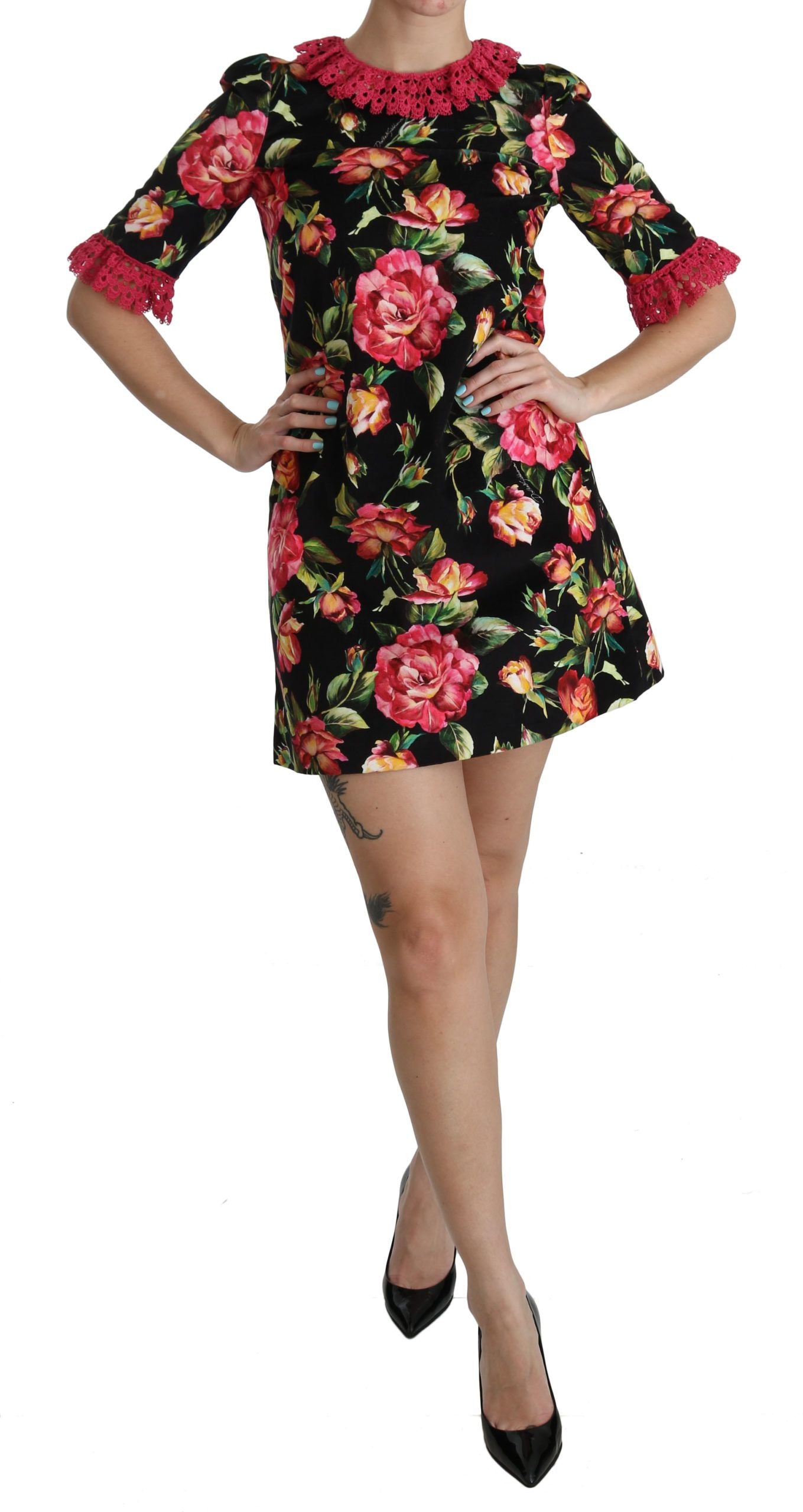 Dolce & Gabbana Floral Pink Lace A-Line Shift Mini Women's Dress