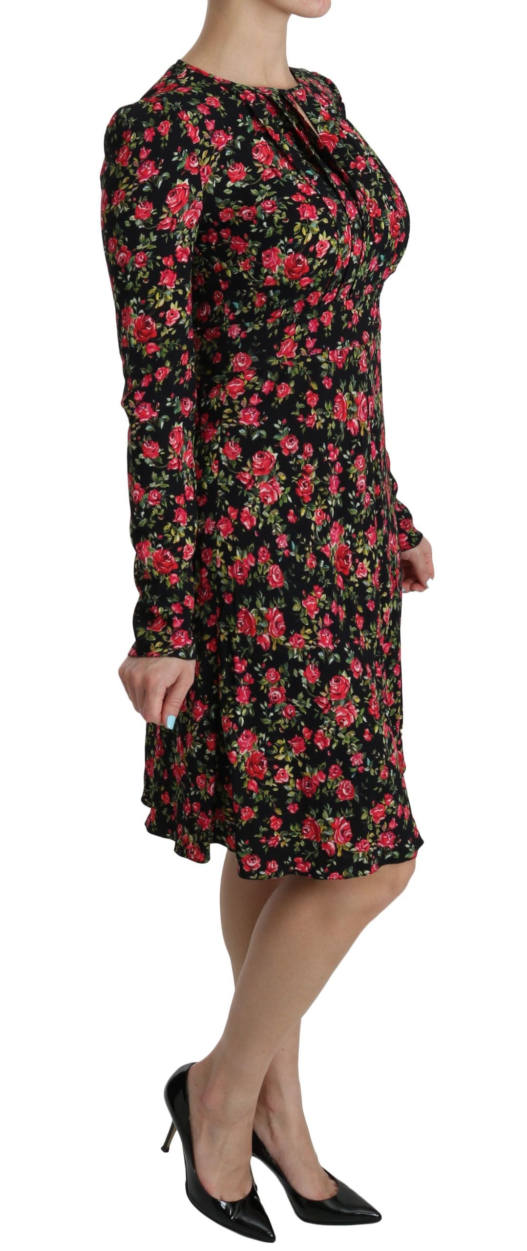 Dolce & Gabbana Black Floral Longsleeve Knee Length Women's Dress