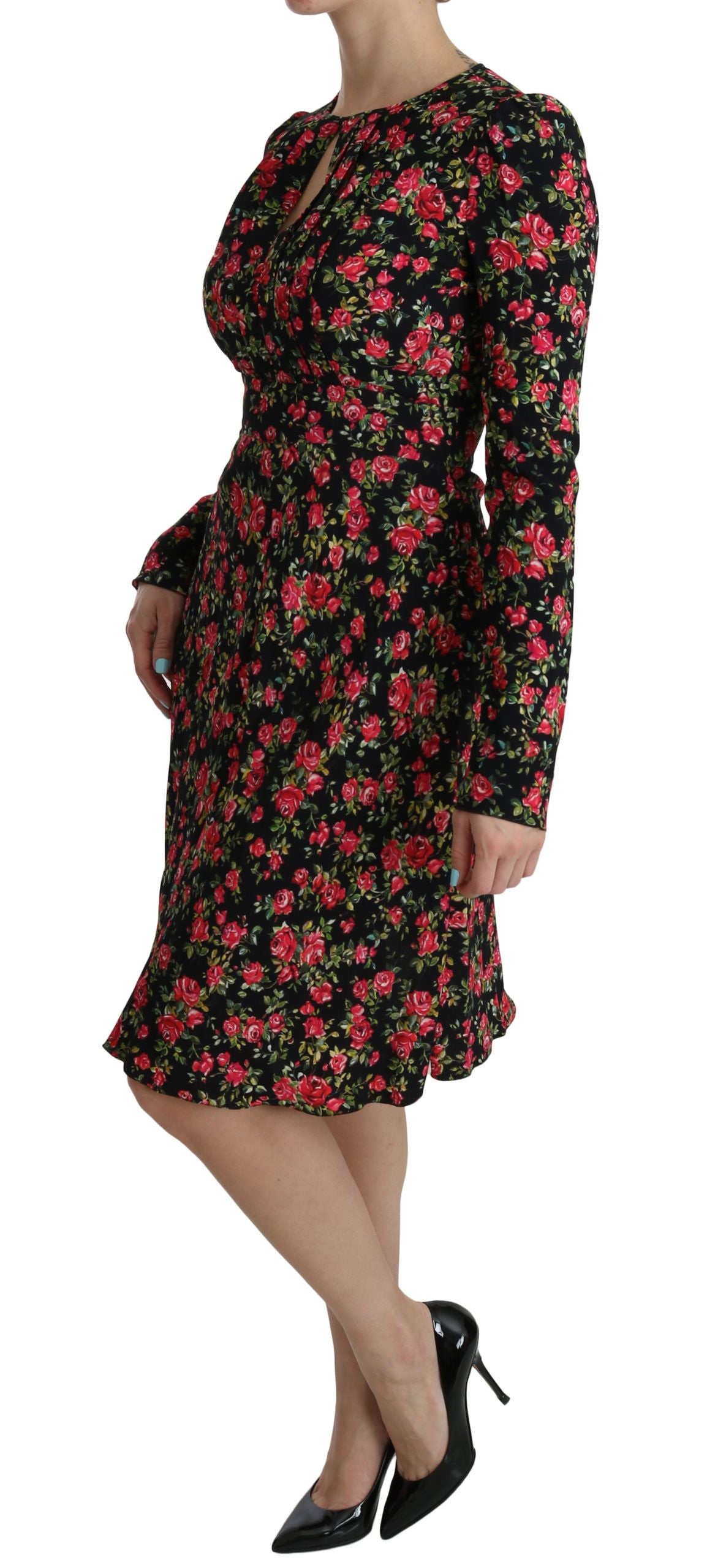 Dolce & Gabbana Black Floral Longsleeve Knee Length Women's Dress