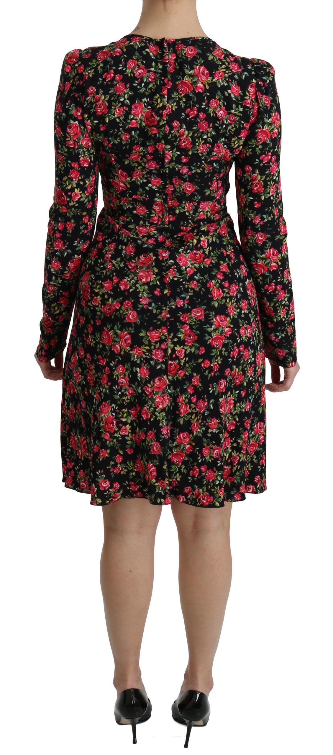 Dolce & Gabbana Black Floral Longsleeve Knee Length Women's Dress