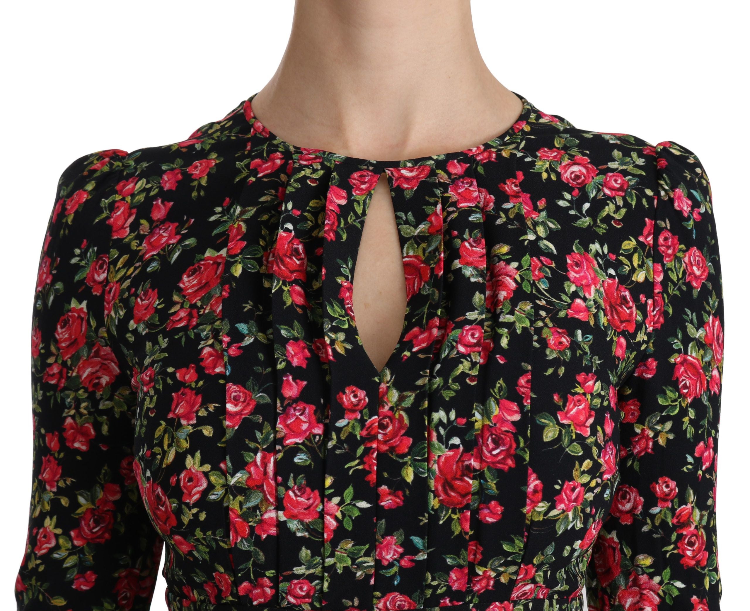 Dolce & Gabbana Black Floral Longsleeve Knee Length Women's Dress