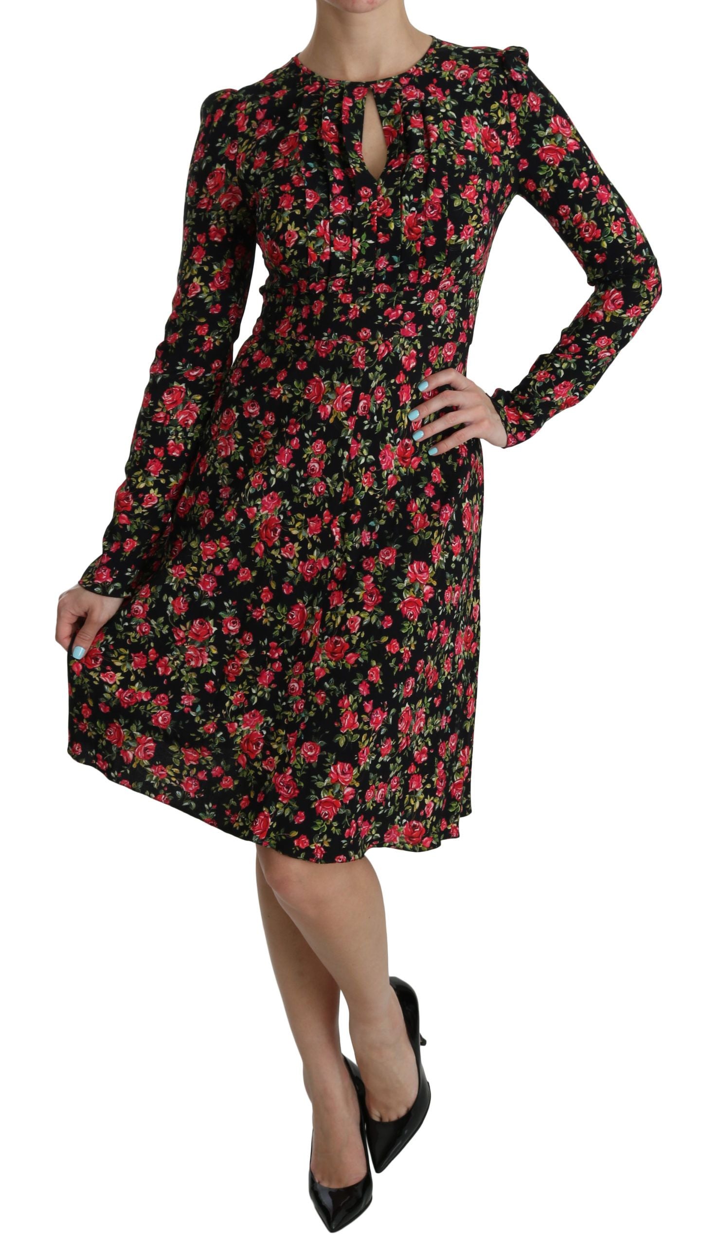 Dolce & Gabbana Black Floral Longsleeve Knee Length Women's Dress