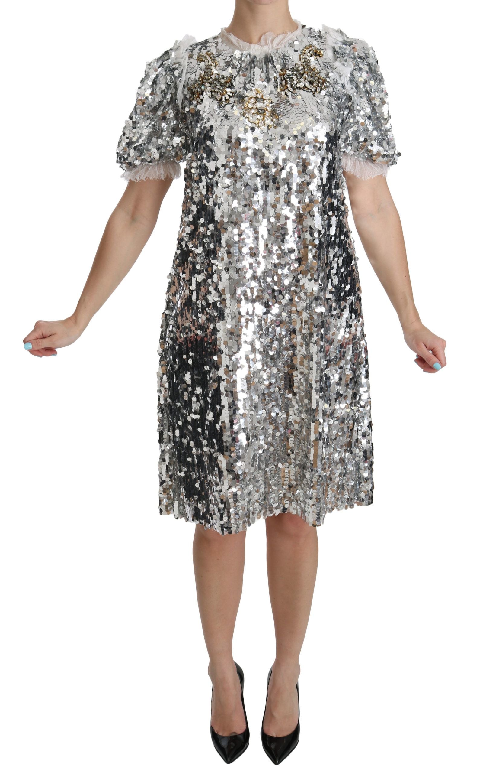Dolce & Gabbana Elegant Silver A-Line Dress with Crystal Women's Accents