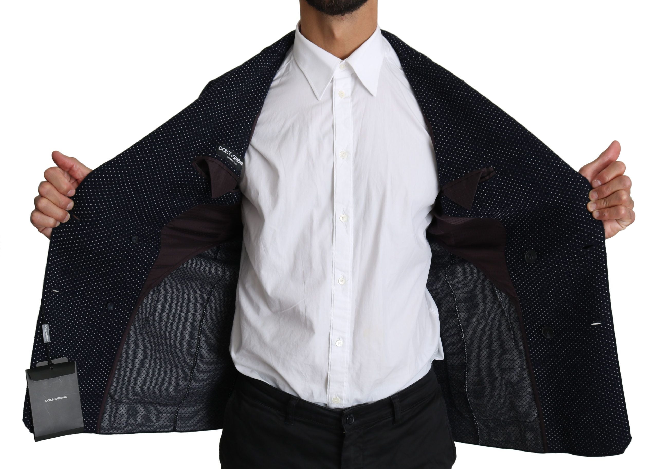 Dolce & Gabbana Dark Blue Dotted Double Breasted Coat Men's Blazer