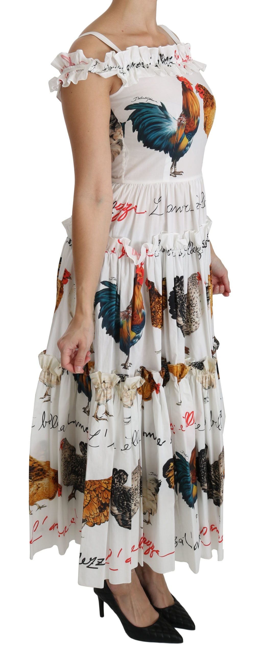 Dolce & Gabbana White Rooster Sheath Midi Cotton Women's Dress