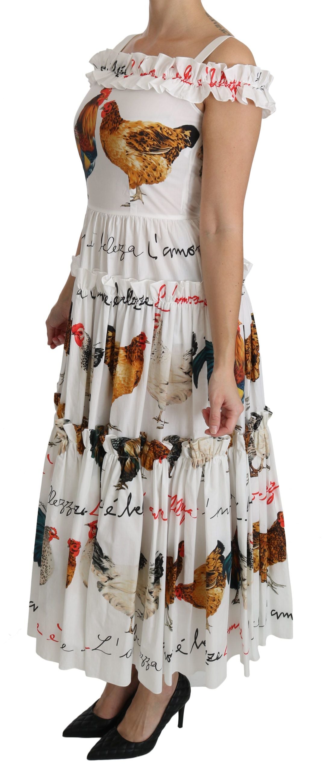 Dolce & Gabbana White Rooster Sheath Midi Cotton Women's Dress