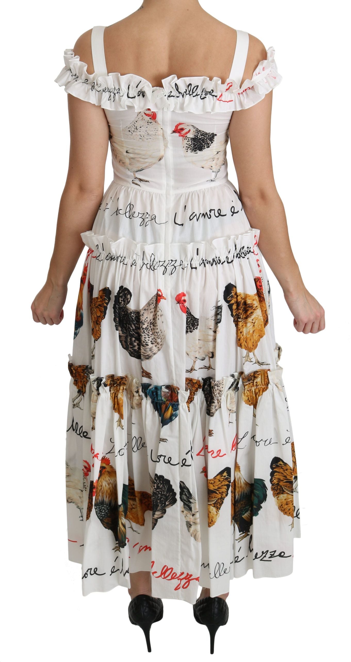 Dolce & Gabbana White Rooster Sheath Midi Cotton Women's Dress