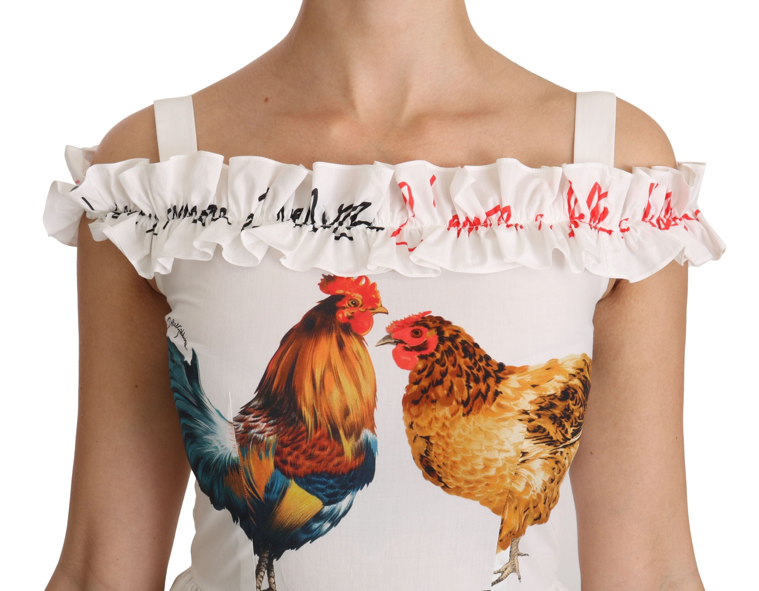 Dolce & Gabbana White Rooster Sheath Midi Cotton Women's Dress