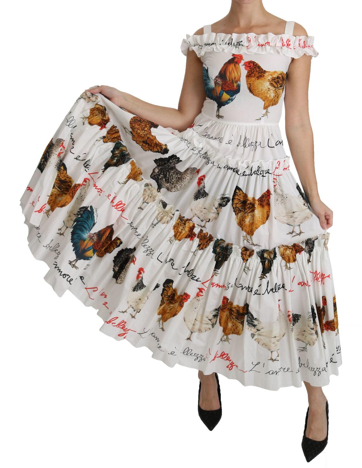 Dolce & Gabbana White Rooster Sheath Midi Cotton Women's Dress