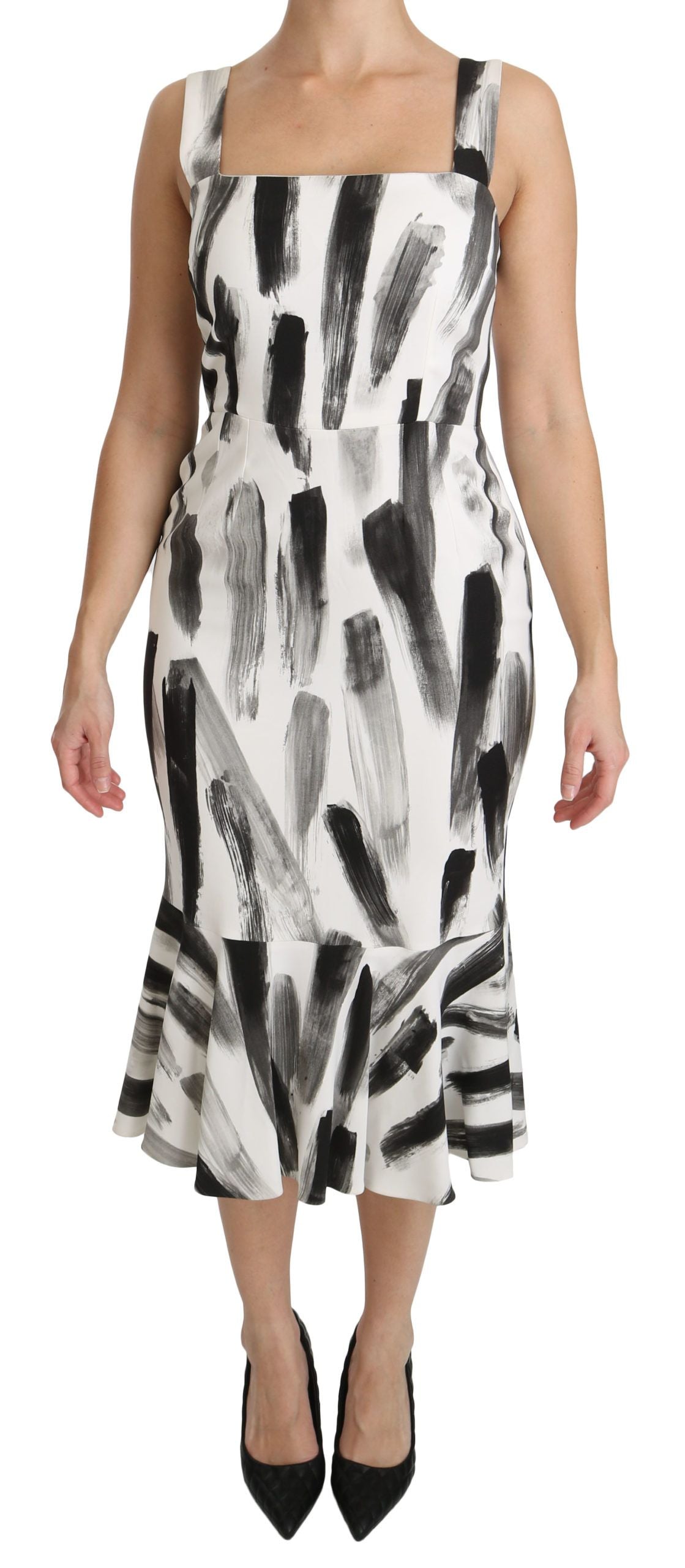Dolce & Gabbana White Black Printed Sheath Midi Viscose Women's Dress