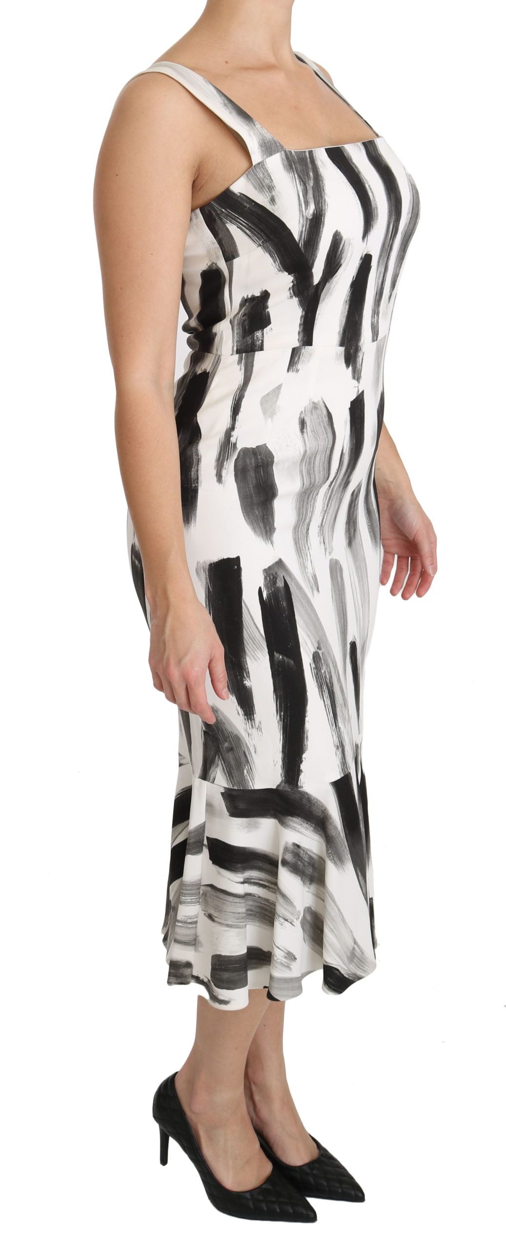 Dolce & Gabbana White Black Printed Sheath Midi Viscose Women's Dress