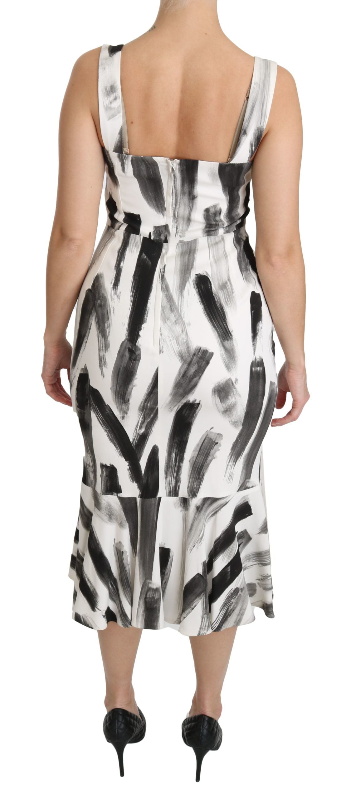 Dolce & Gabbana White Black Printed Sheath Midi Viscose Women's Dress