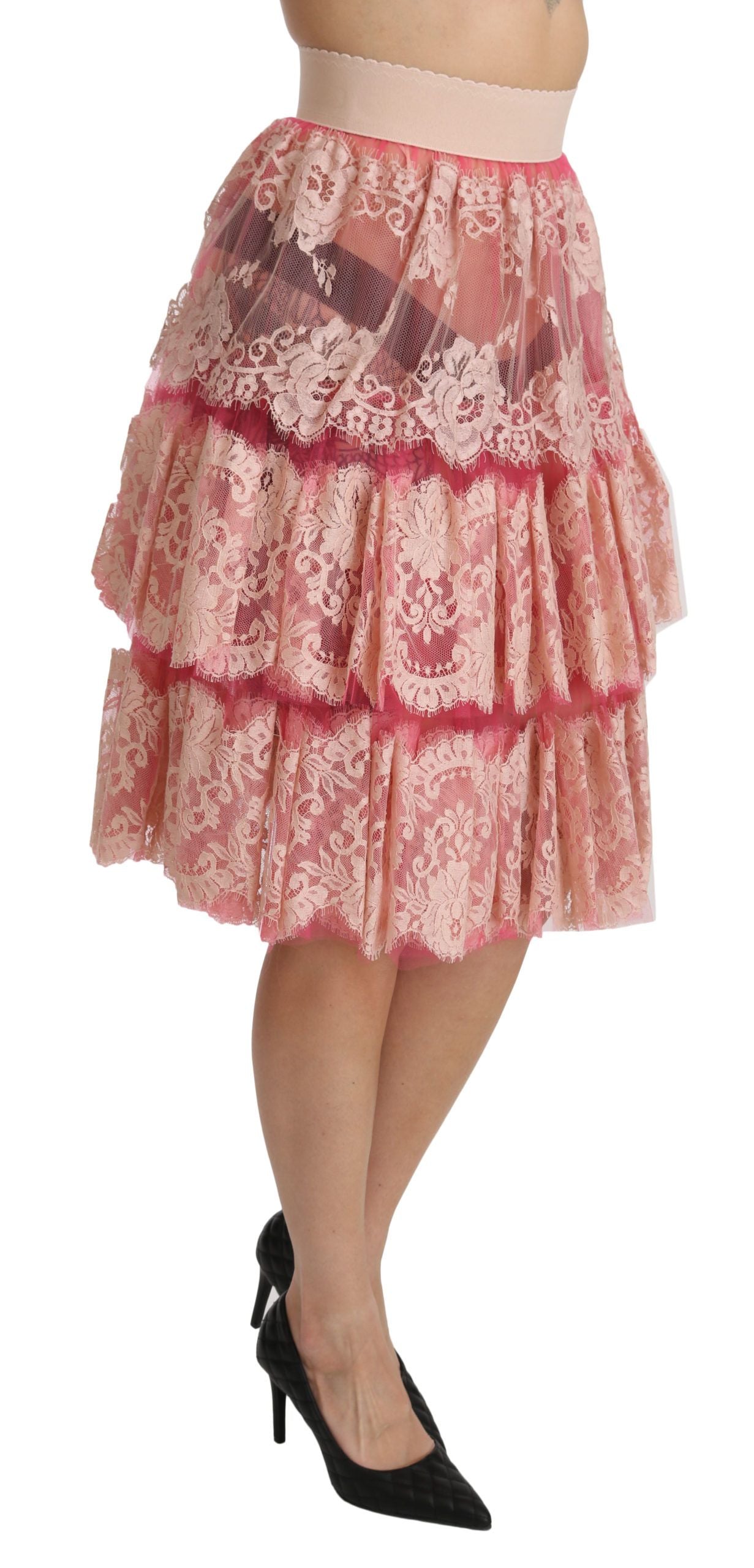 Dolce & Gabbana Pink Lace Layered High Waist Knee Length Women's Skirt