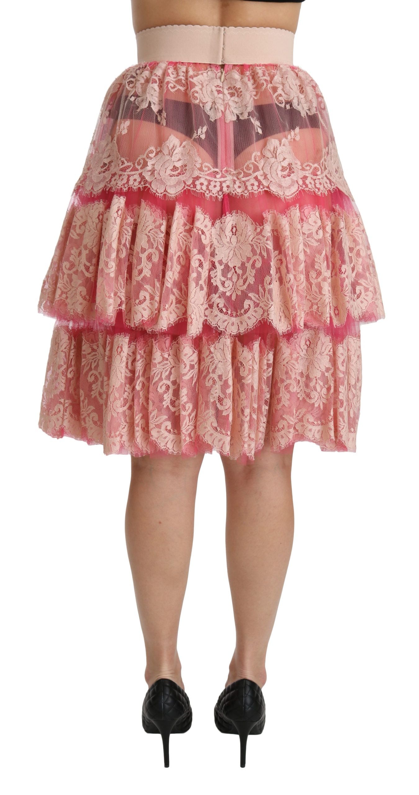 Dolce & Gabbana Pink Lace Layered High Waist Knee Length Women's Skirt