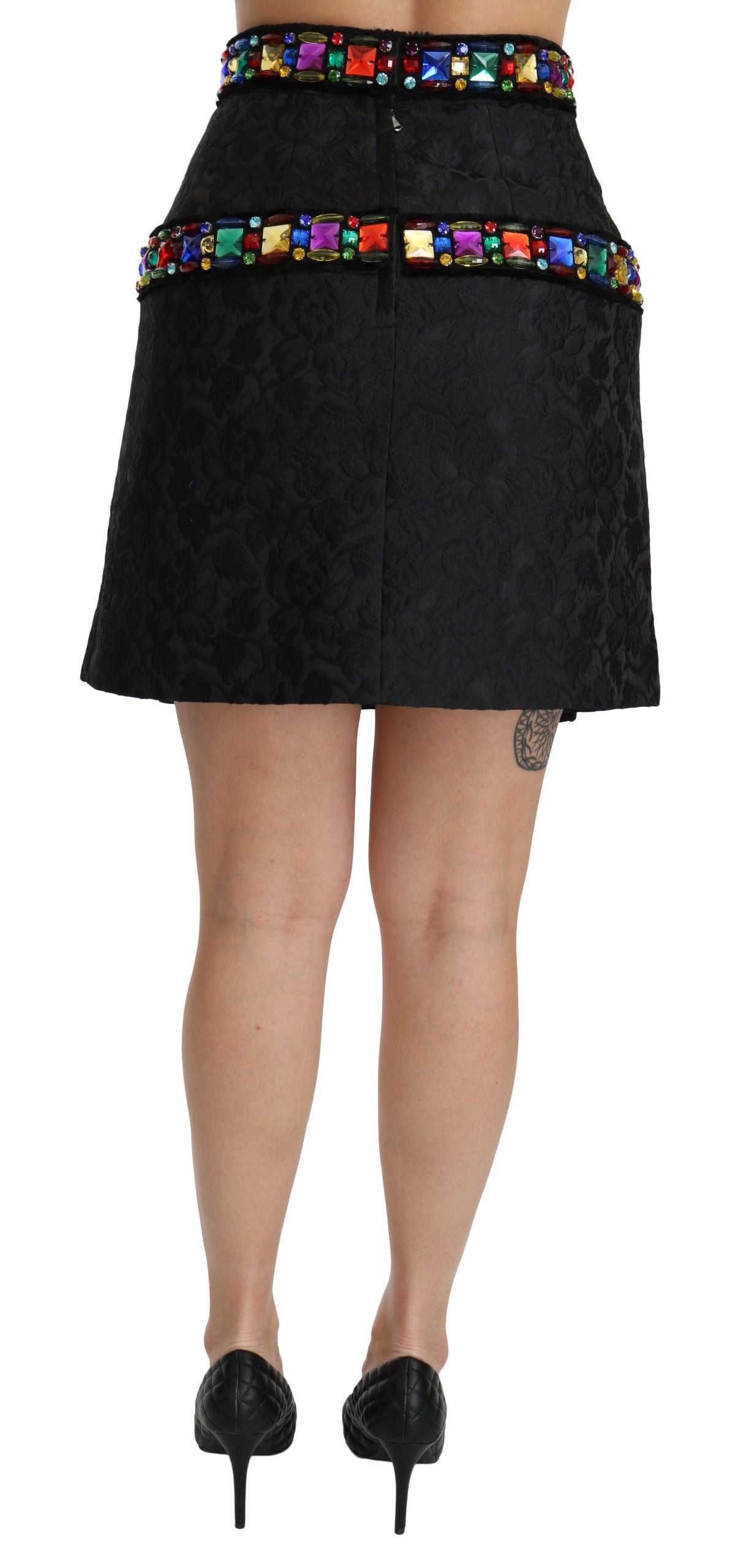 Dolce & Gabbana Black Crystal Embellished High Waist Women's Skirt