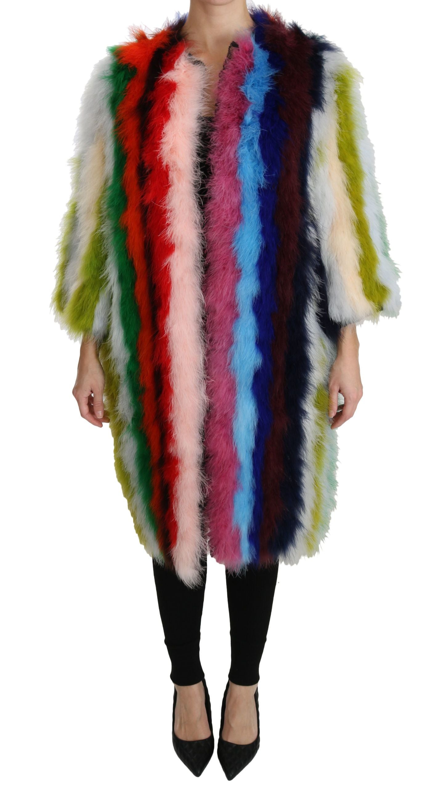 Dolce & Gabbana Elegant Multicolor Feather Long Coat Women's Jacket