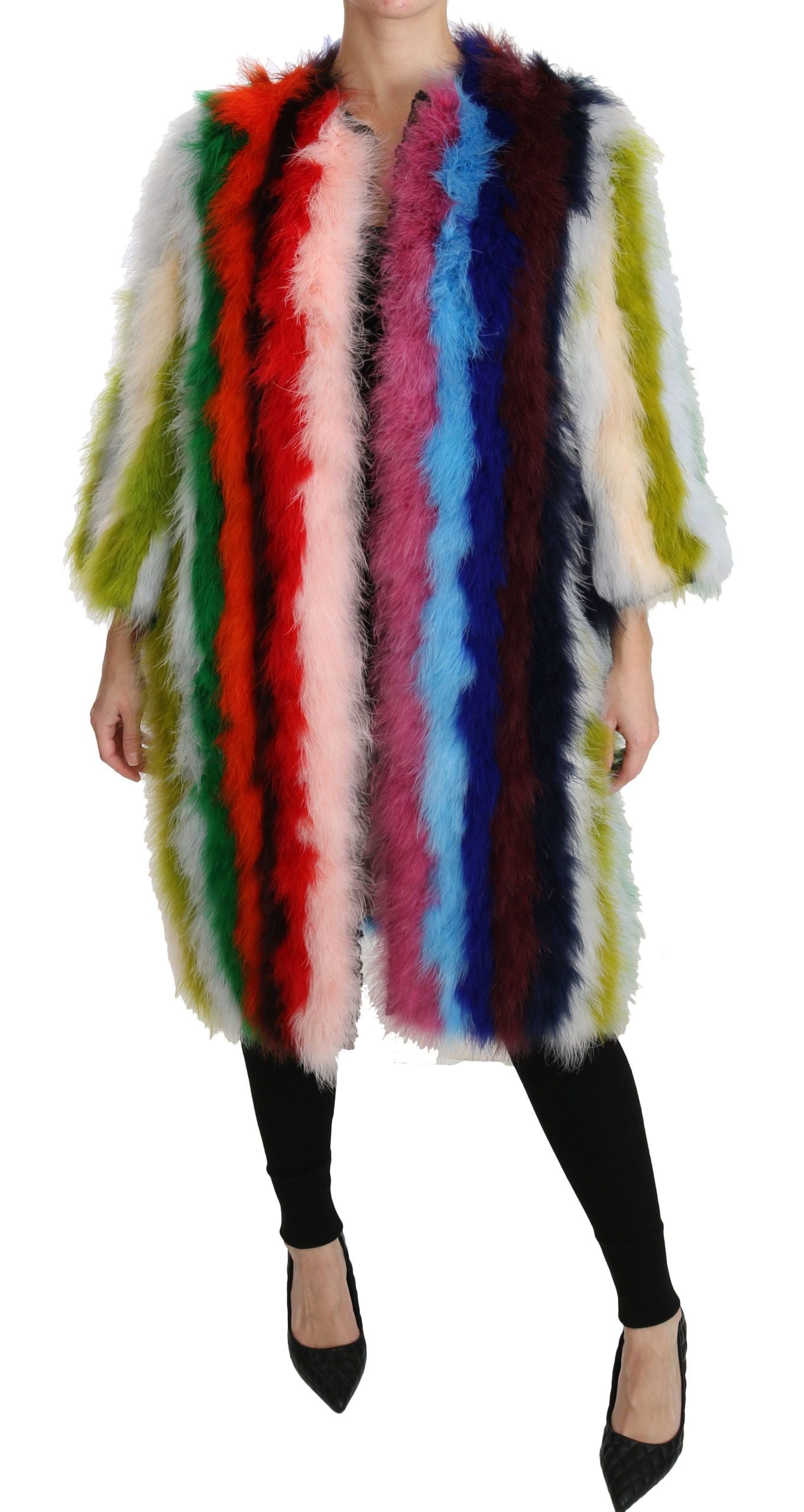 Dolce & Gabbana Elegant Multicolor Feather Long Coat Women's Jacket
