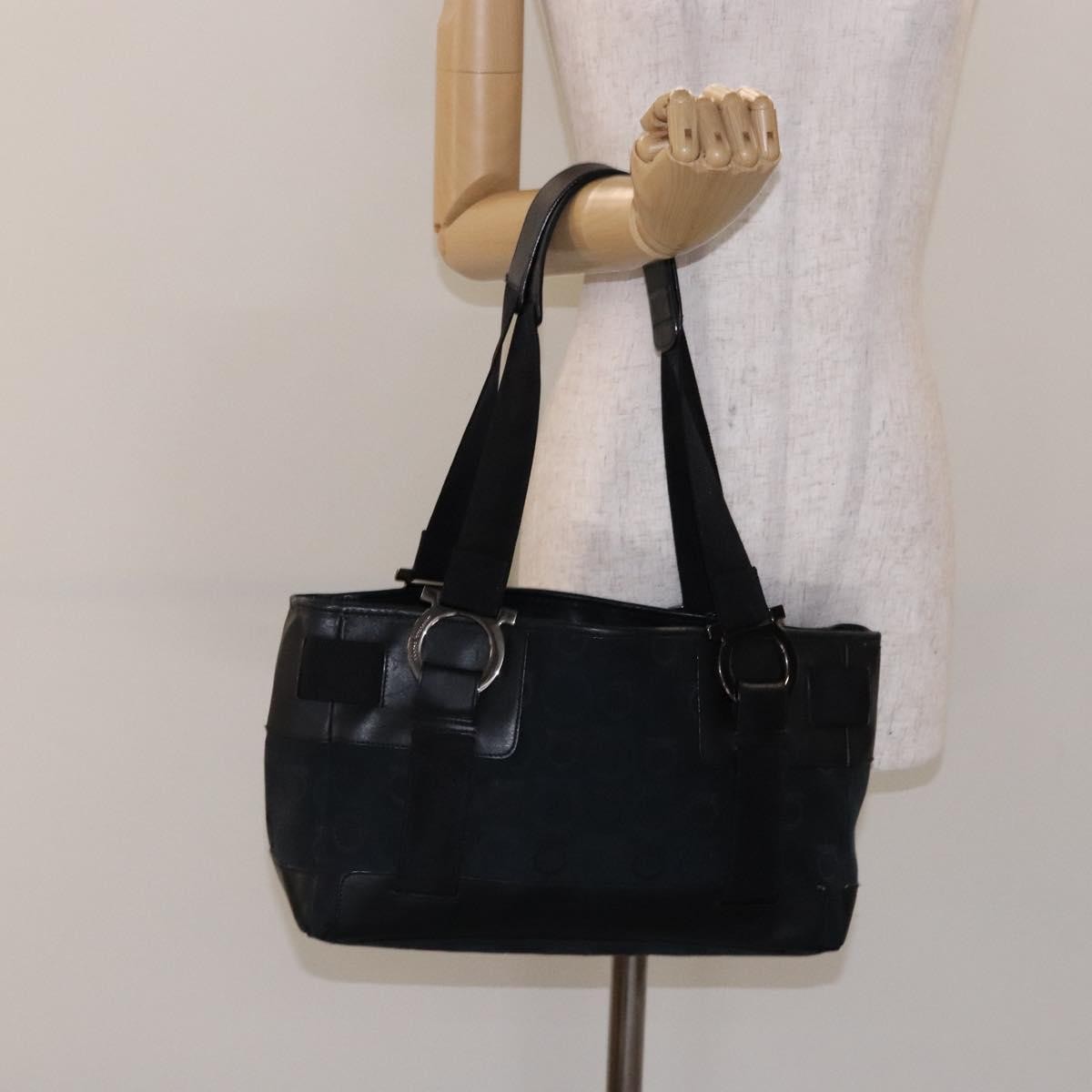 Salvatore Ferragamo Gancini Tote Canvas Black Canvas Tote Bag Bag (Pre-Owned)