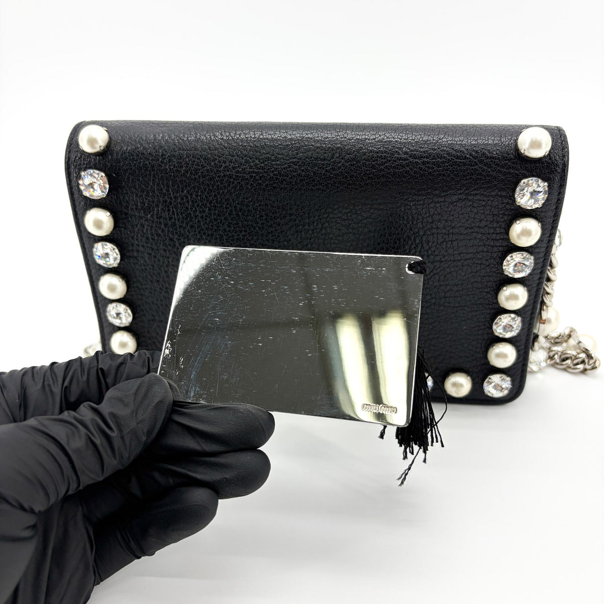 Miu Miu Crystal And Pearl Chain Clutch Embellished Leather Black Leather Clutche & Pouche Bag (Pre-Owned)
