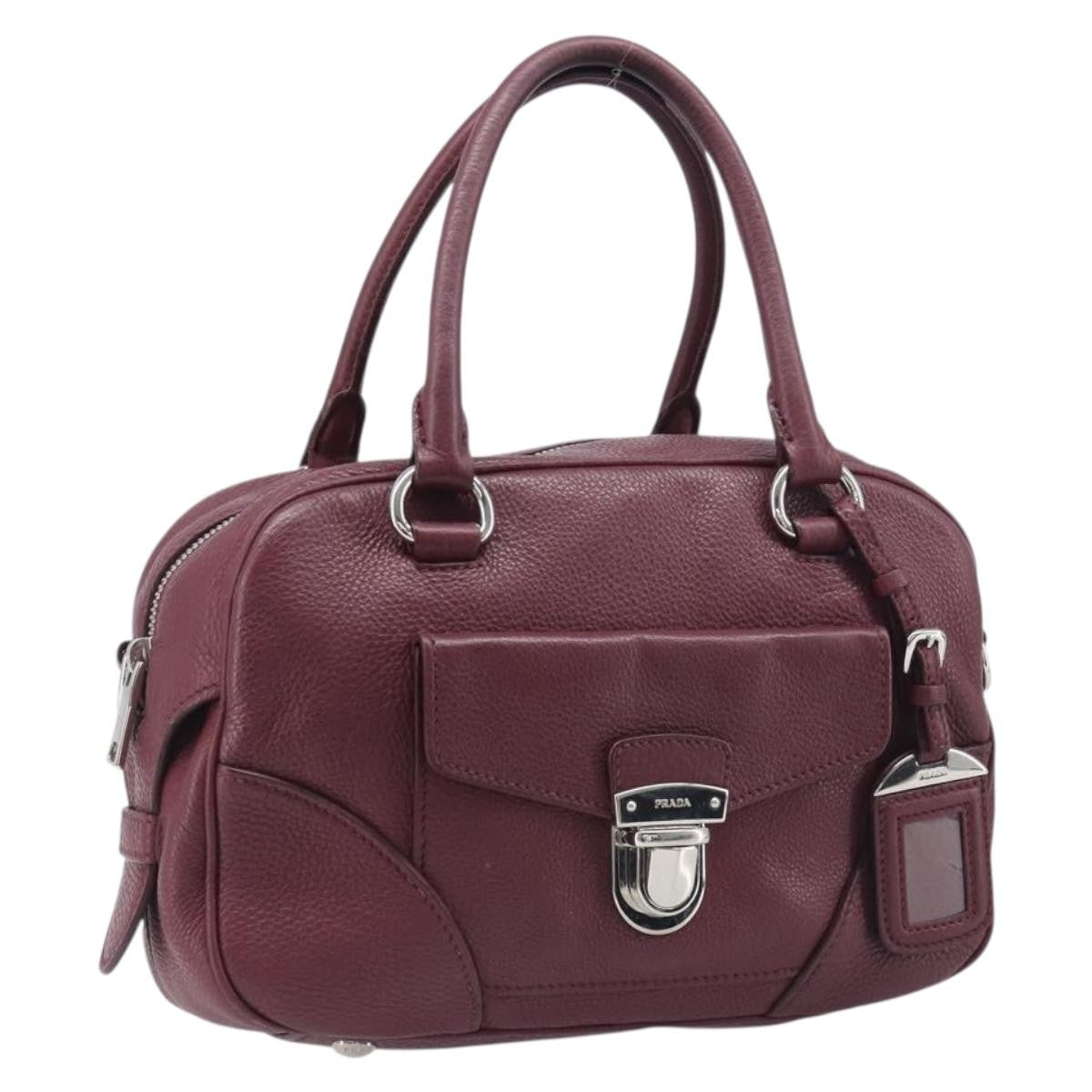 Prada Front Pocket Pushlock Convertible Boston Vitello Daino Burgundy Leather Handbag (Pre-Owned)