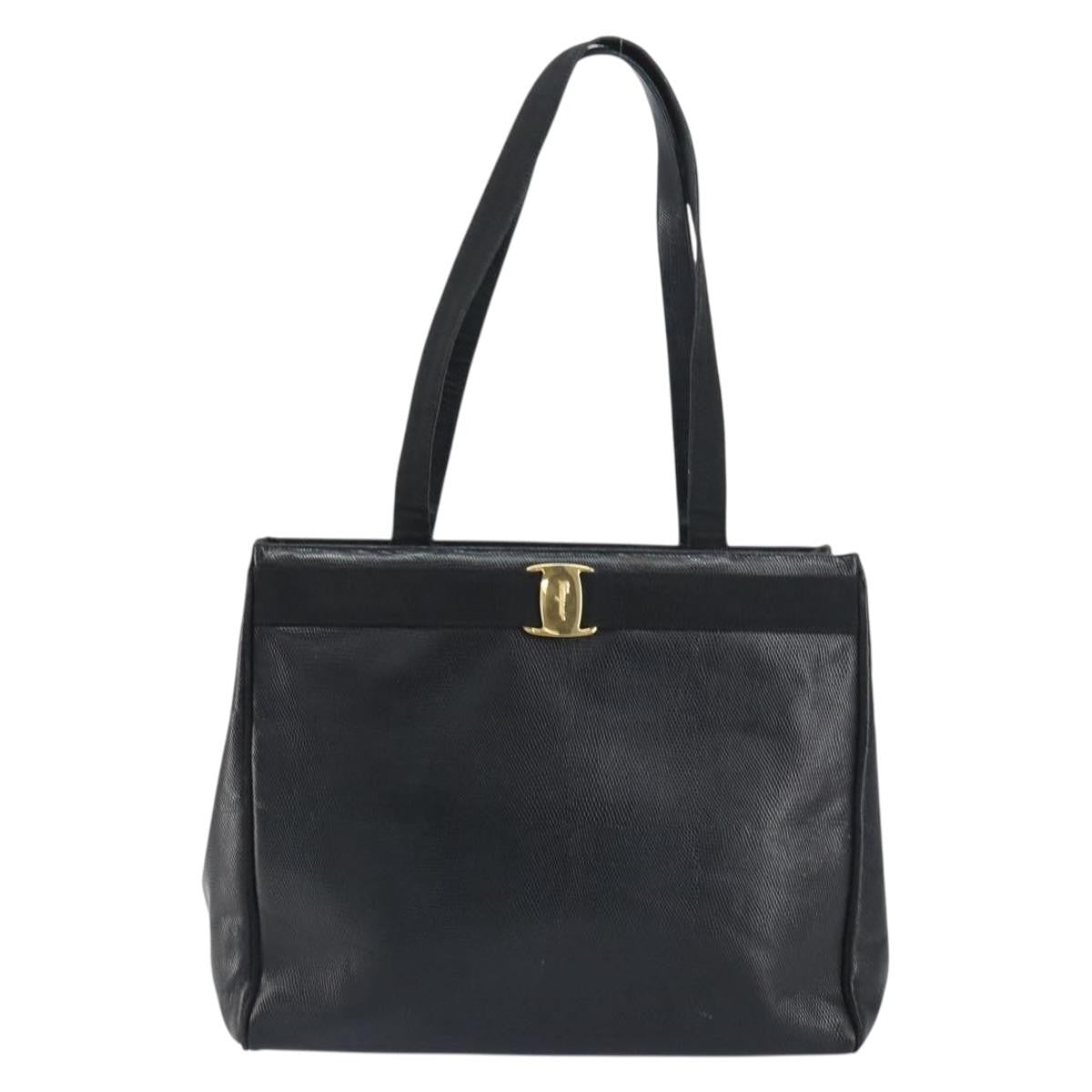 Salvatore Ferragamo Vintage Vara Bow Lizard Embossed Leather Black Leather Tote Bag Bag (Pre-Owned)