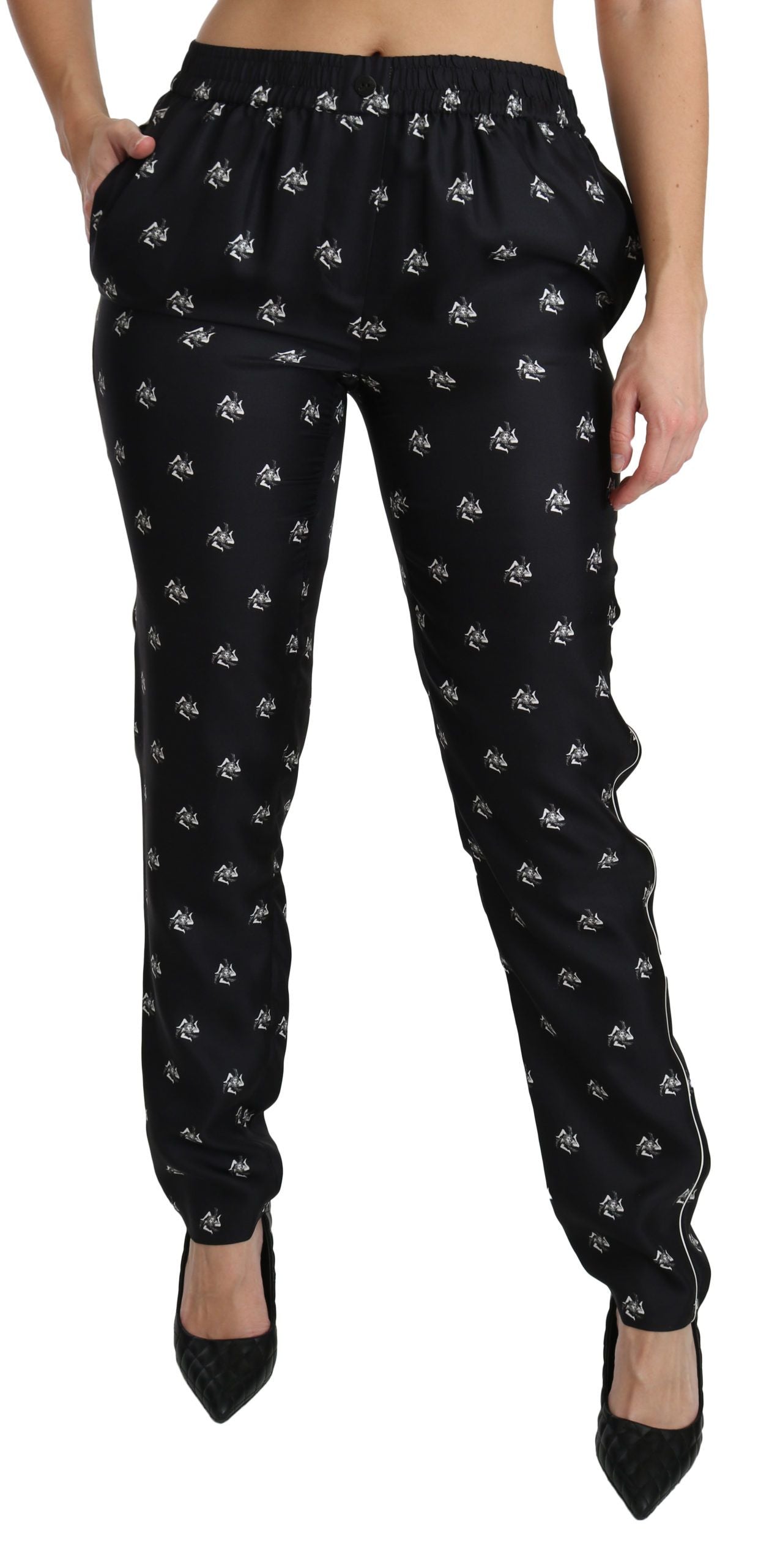 Dolce & Gabbana Black Printed Mid Waist Skinny Silk Women's Pants