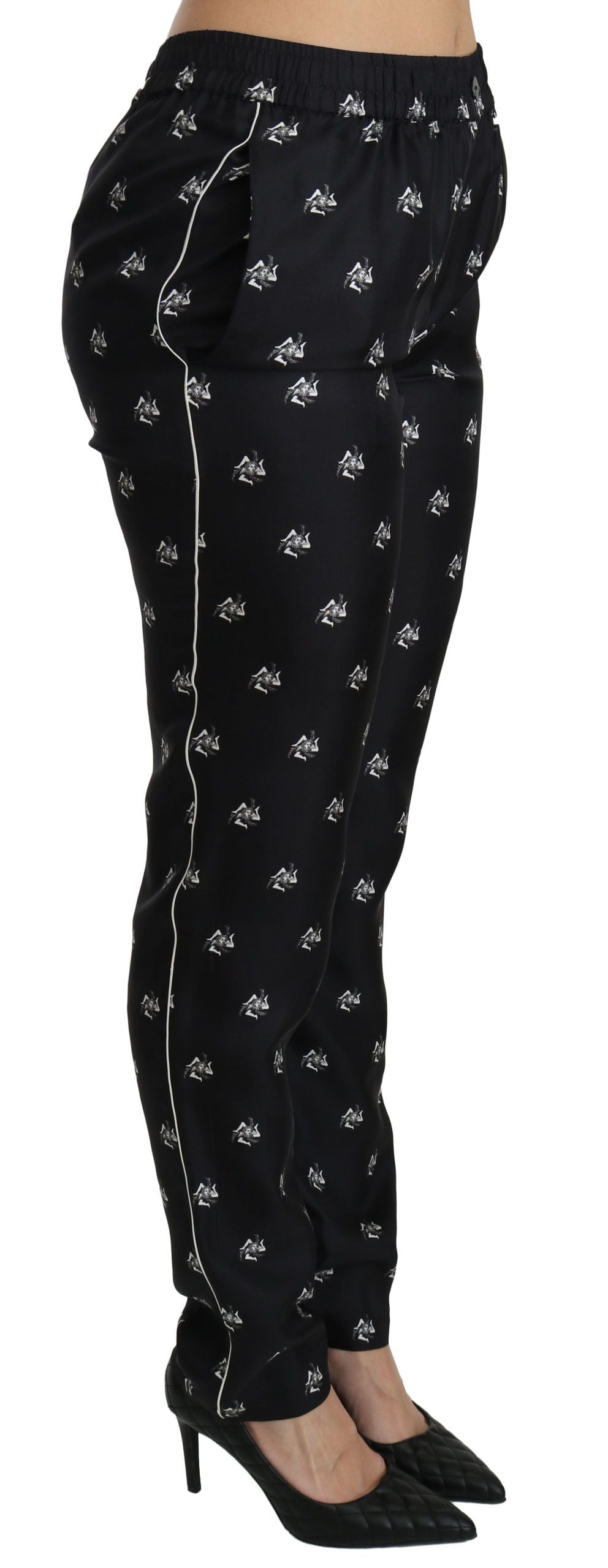 Dolce & Gabbana Black Printed Mid Waist Skinny Silk Women's Pants