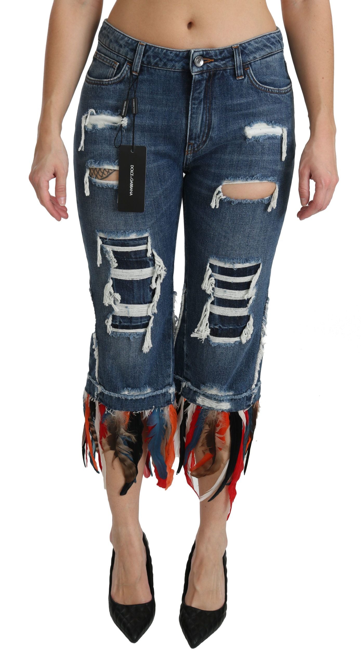 Dolce & Gabbana Blue Feathers Low Waist Cropped Cotton Women's Jeans