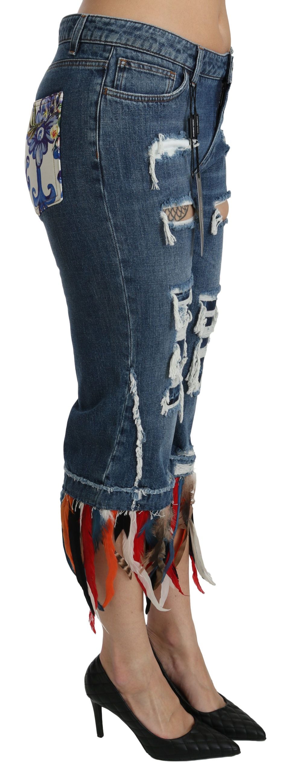 Dolce & Gabbana Blue Feathers Low Waist Cropped Cotton Women's Jeans