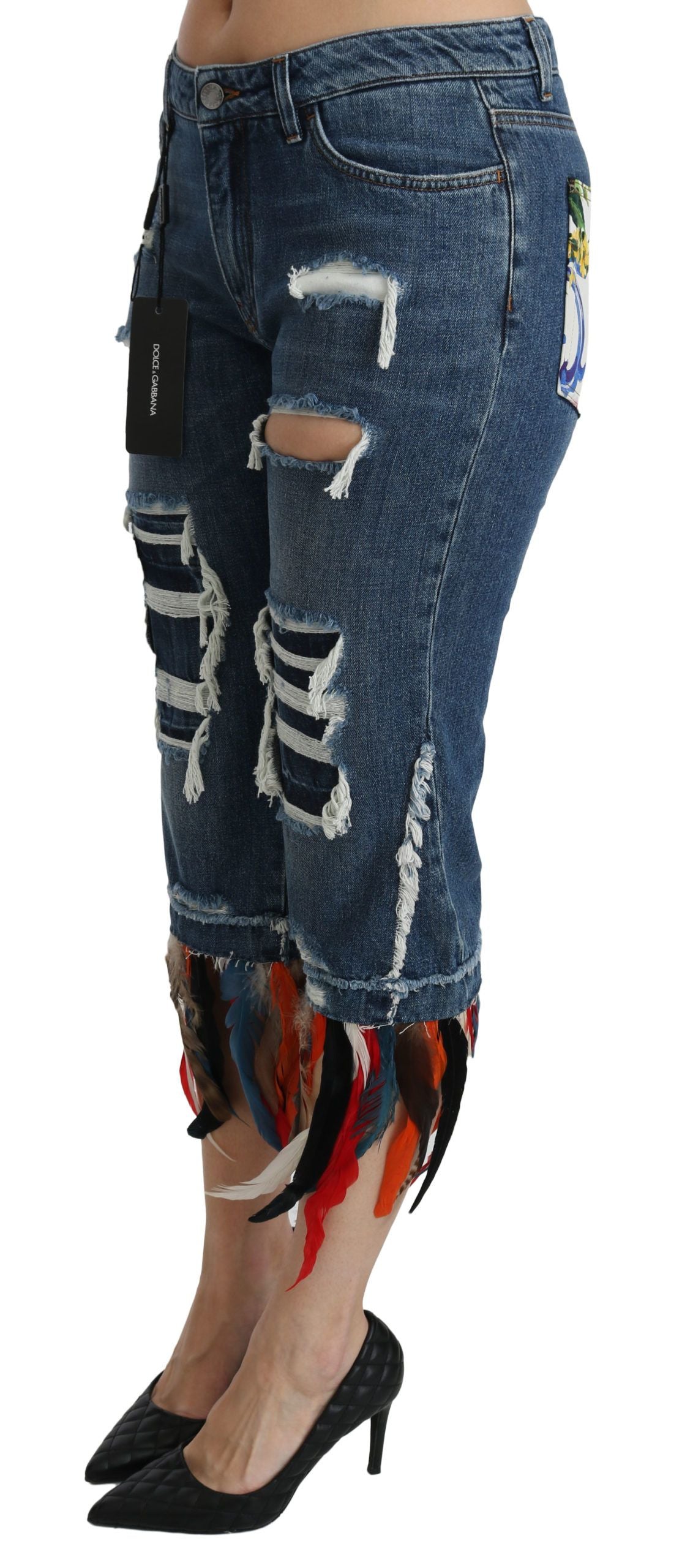 Dolce & Gabbana Blue Feathers Low Waist Cropped Cotton Women's Jeans