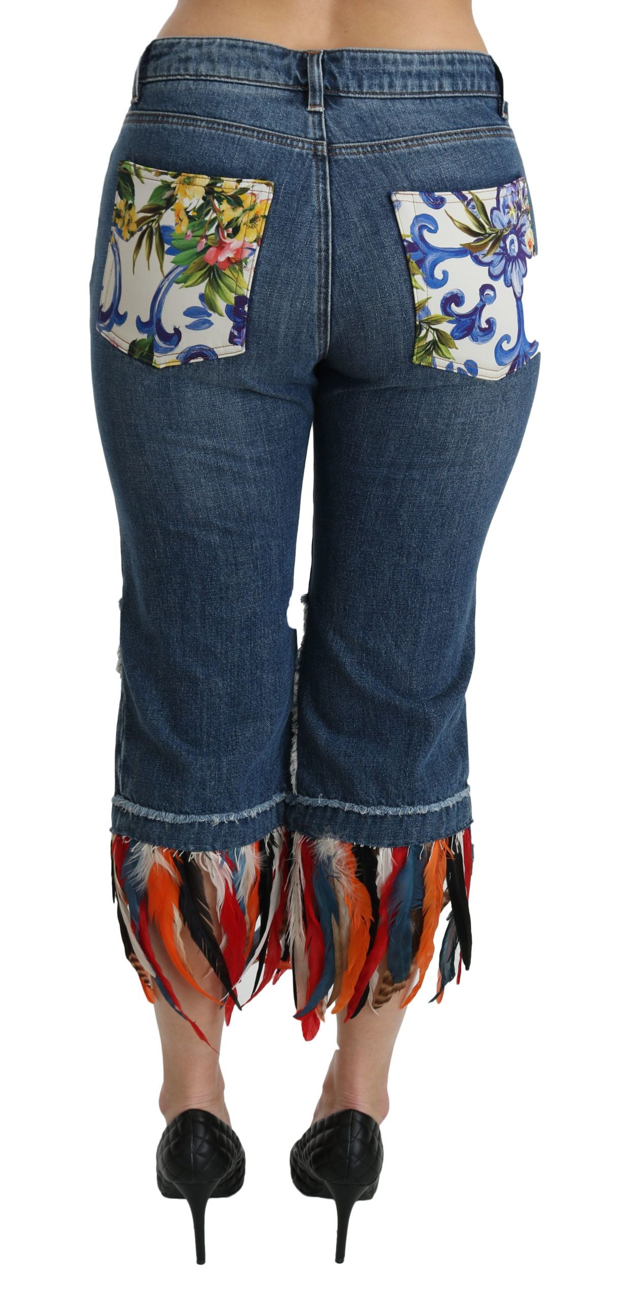 Dolce & Gabbana Blue Feathers Low Waist Cropped Cotton Women's Jeans