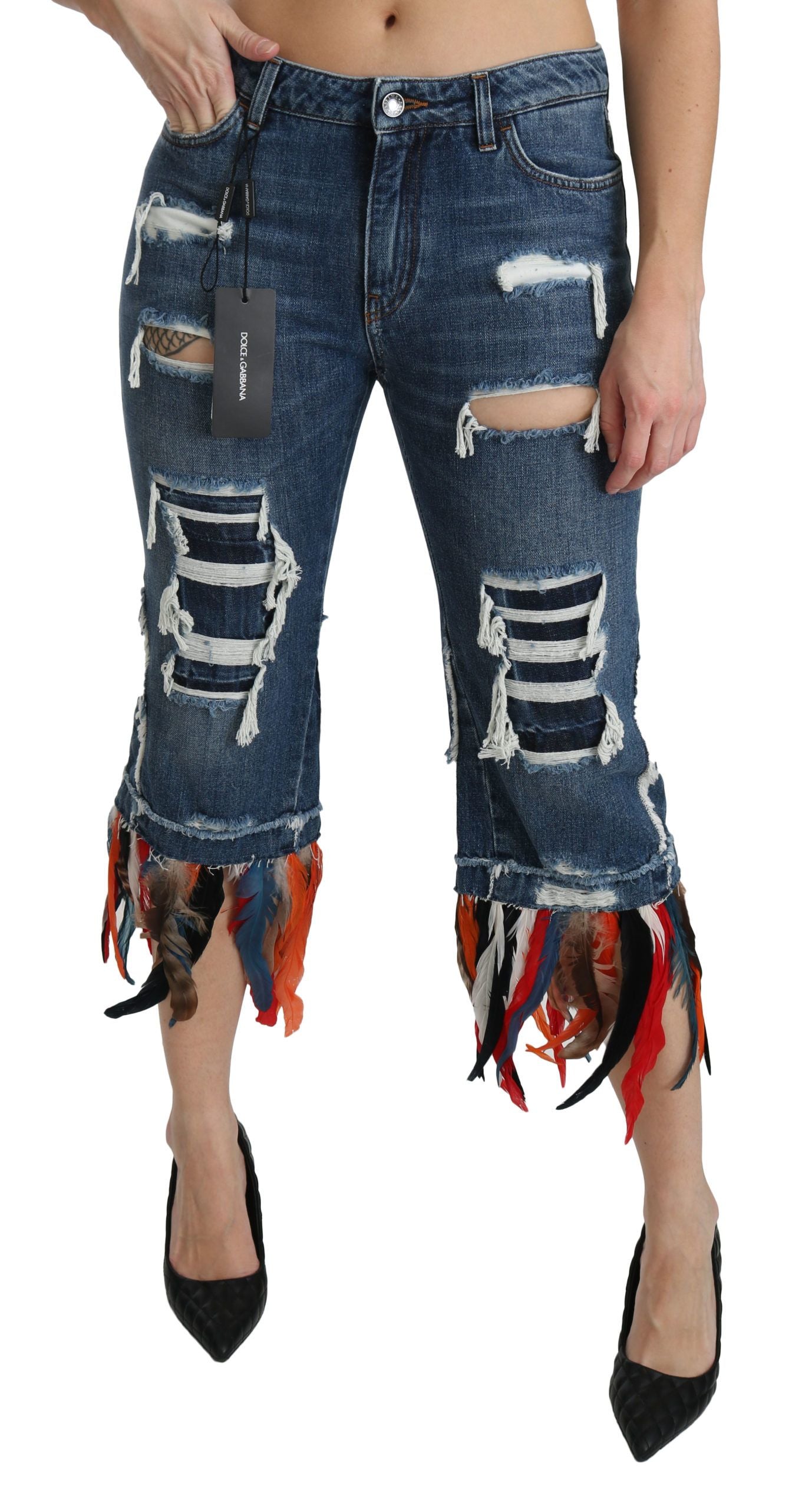 Dolce & Gabbana Blue Feathers Low Waist Cropped Cotton Women's Jeans
