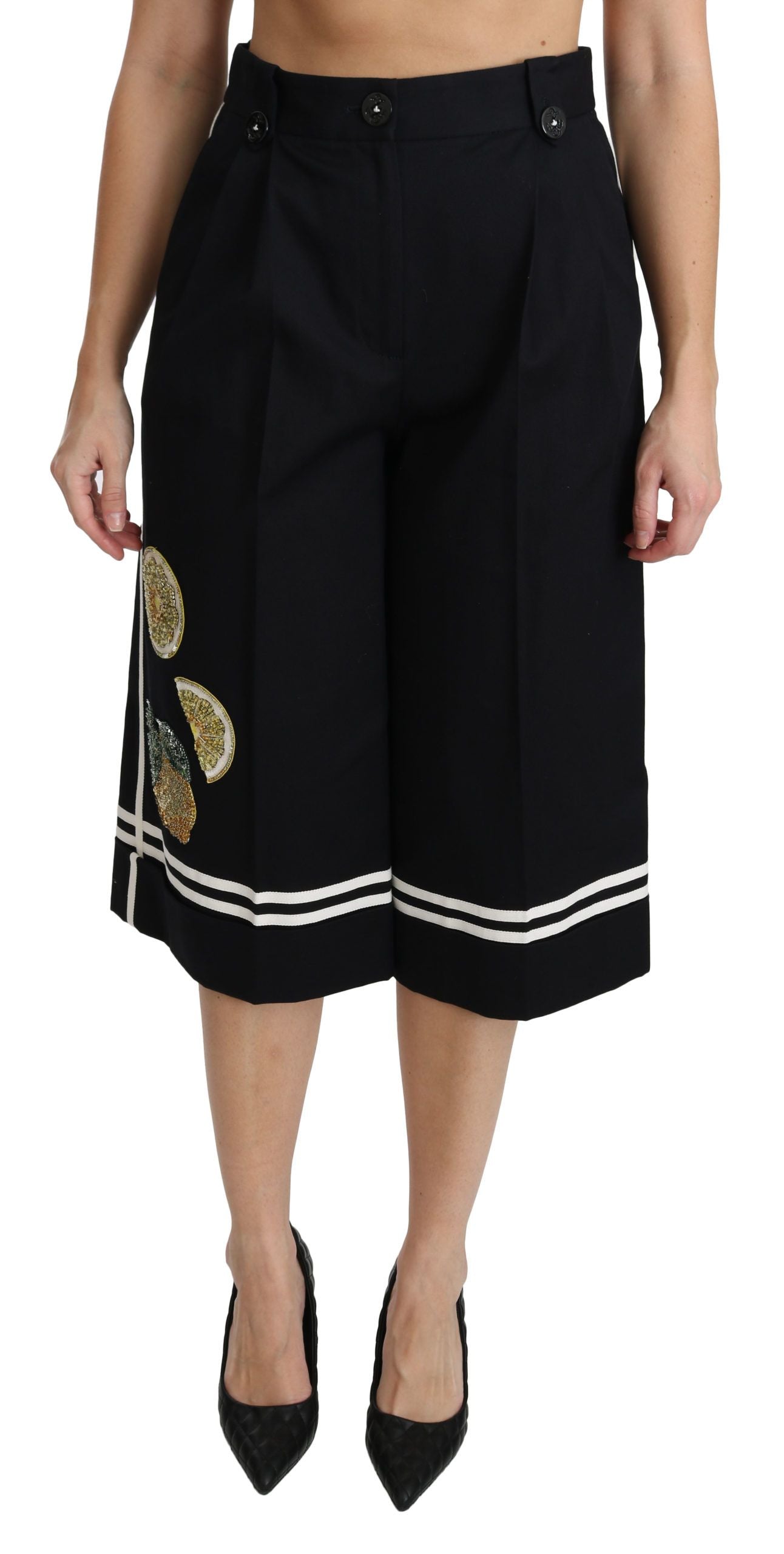Dolce & Gabbana Black Lemon Embellished Palazzo Cropped Women's Pants