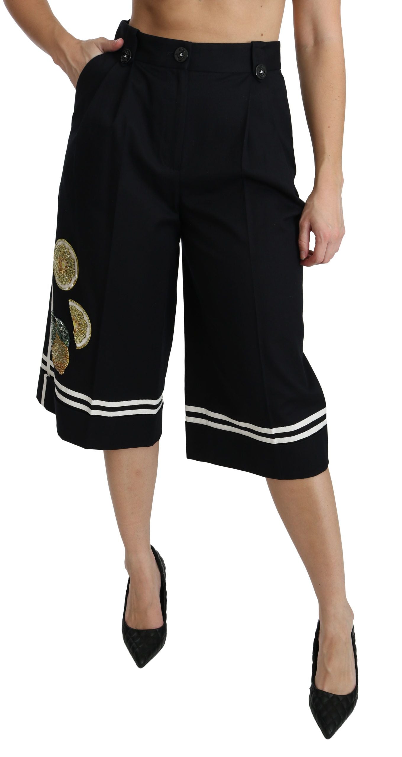 Dolce & Gabbana Black Lemon Embellished Palazzo Cropped Women's Pants