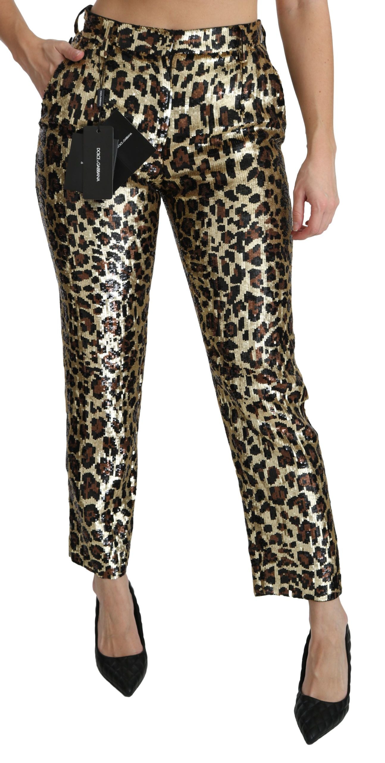 Dolce & Gabbana Brown Leopard Sequined High Waist Women's Pants