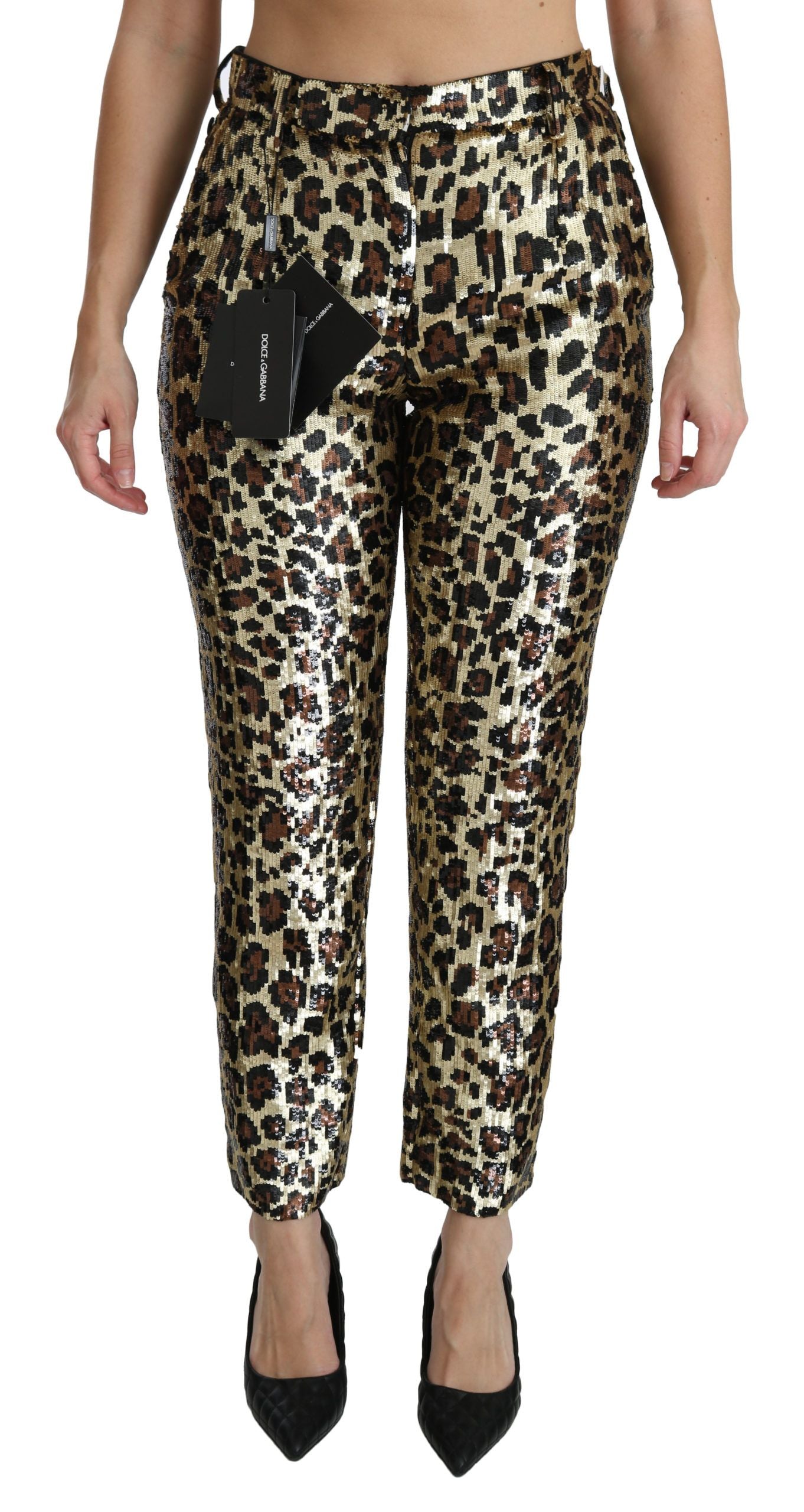 Dolce & Gabbana Brown Leopard Sequined High Waist Women's Pants