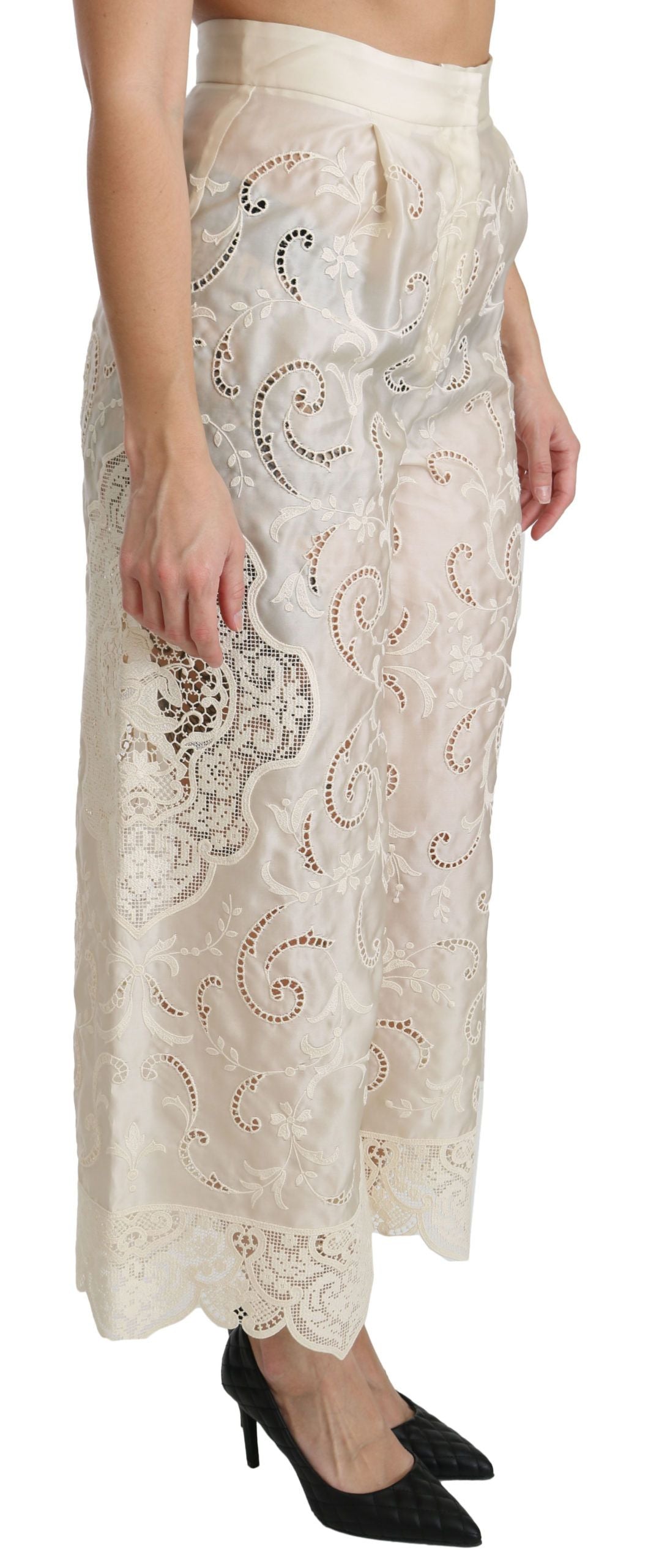 Dolce & Gabbana Cream Lace High Waist Palazzo Cropped Women's Pants