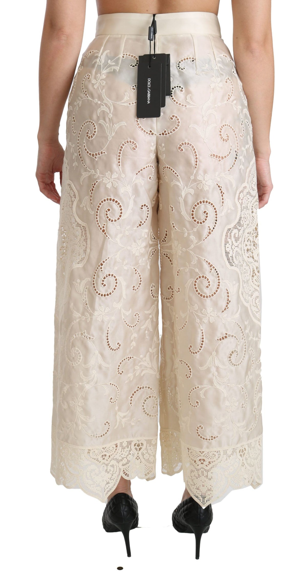 Dolce & Gabbana Cream Lace High Waist Palazzo Cropped Women's Pants