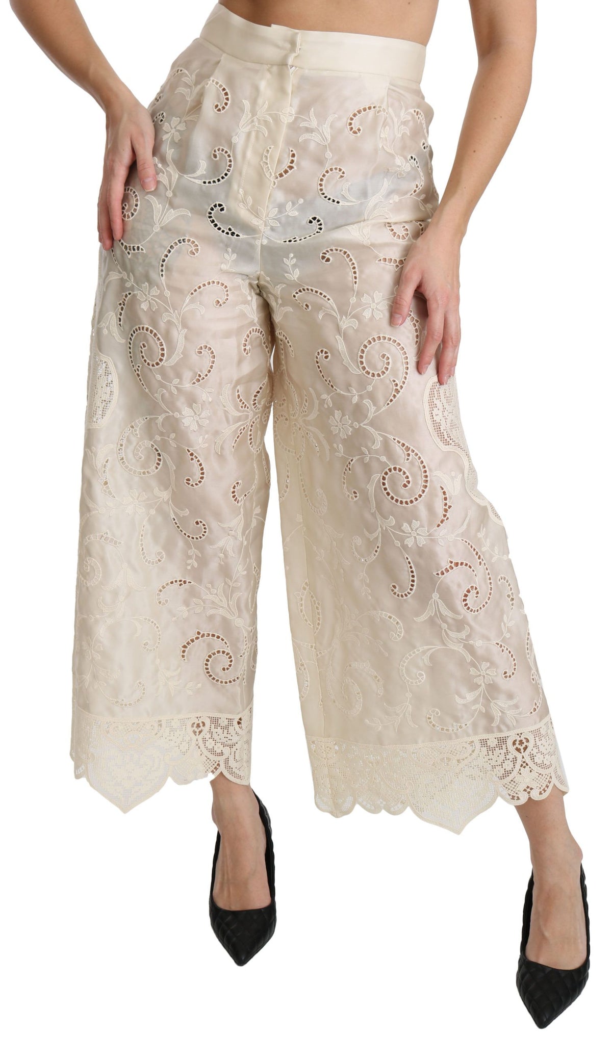 Dolce & Gabbana Cream Lace High Waist Palazzo Cropped Women's Pants