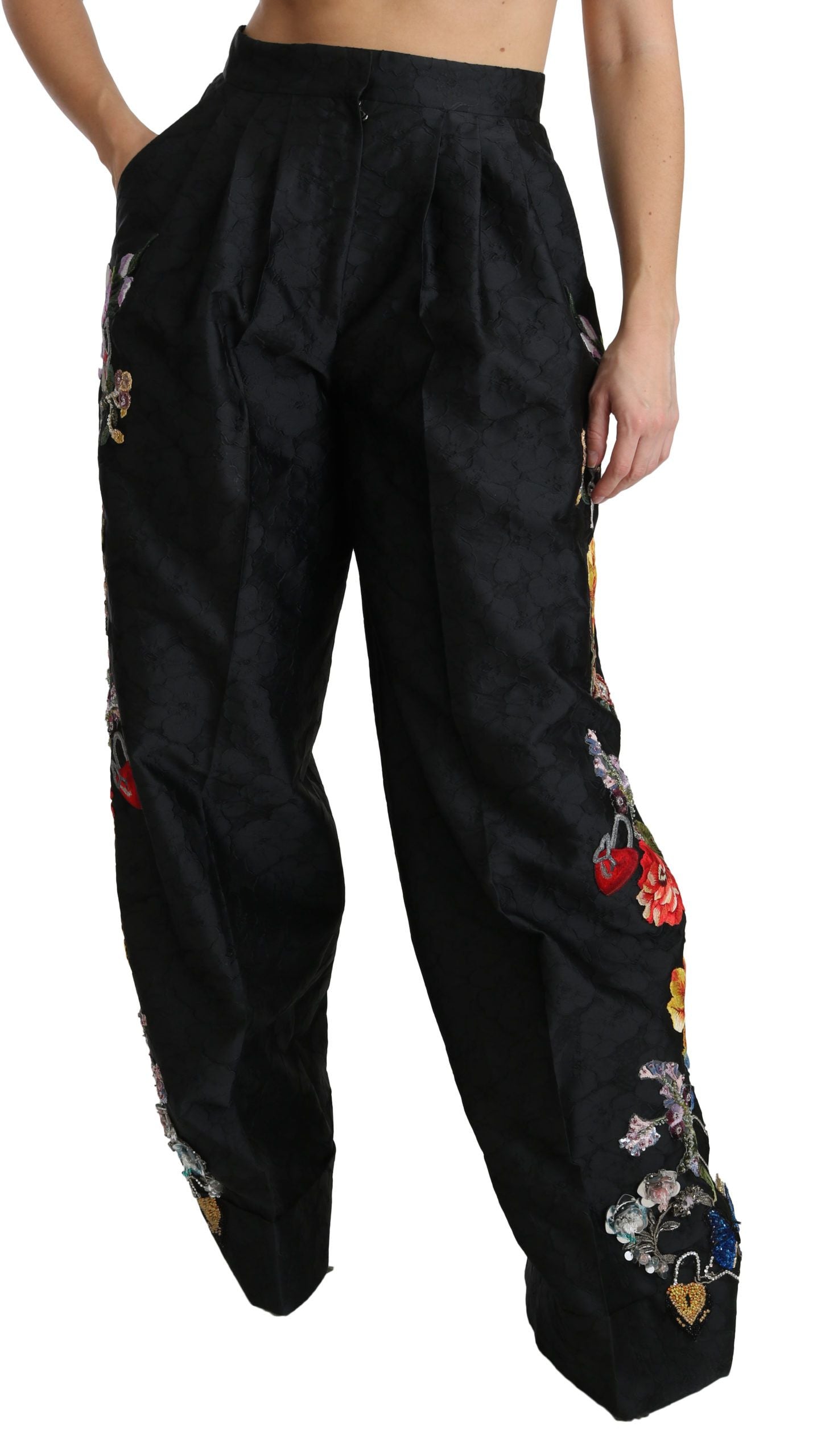 Dolce & Gabbana Black Brocade Floral Sequined Beaded Women's Pants
