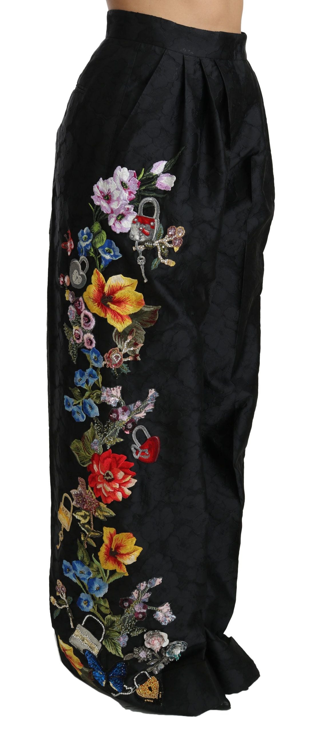Dolce & Gabbana Black Brocade Floral Sequined Beaded Women's Pants
