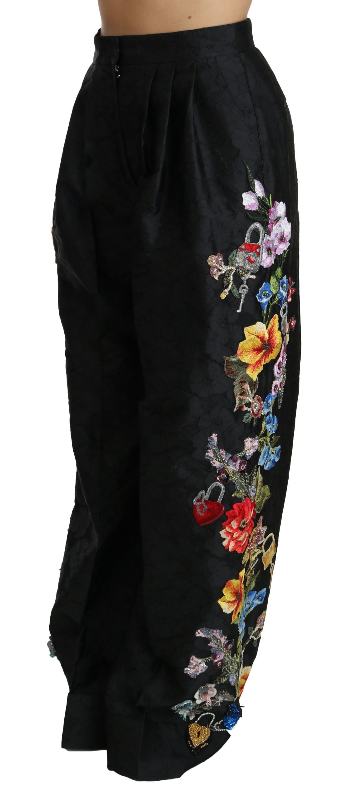 Dolce & Gabbana Black Brocade Floral Sequined Beaded Women's Pants