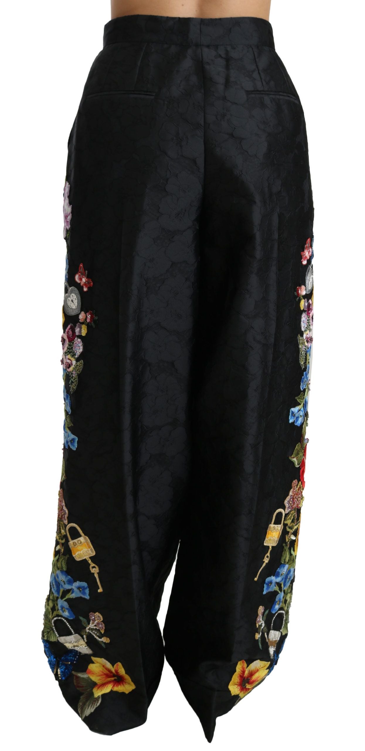 Dolce & Gabbana Black Brocade Floral Sequined Beaded Women's Pants