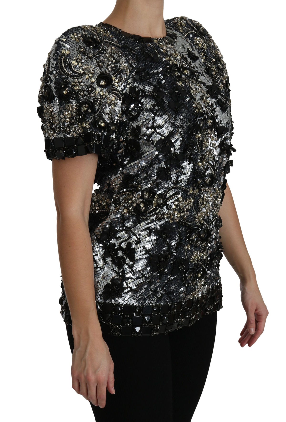Dolce & Gabbana Black Sequined Crystal Embellished Top Women's Blouse