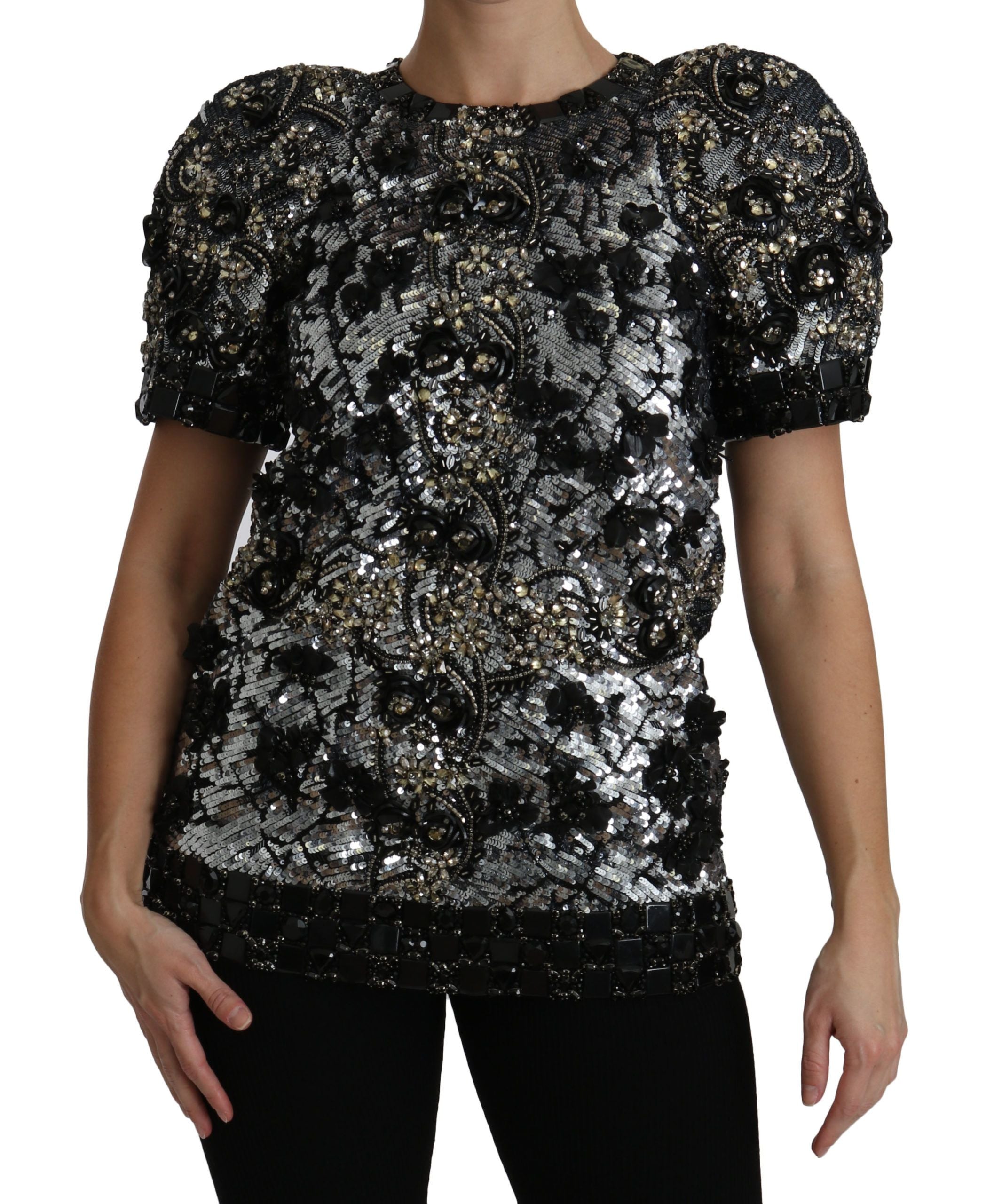 Dolce & Gabbana Black Sequined Crystal Embellished Top Women's Blouse