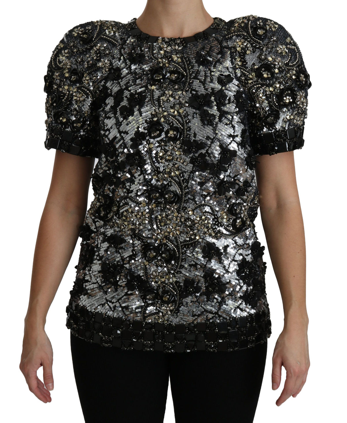 Dolce & Gabbana Black Sequined Crystal Embellished Top Women's Blouse