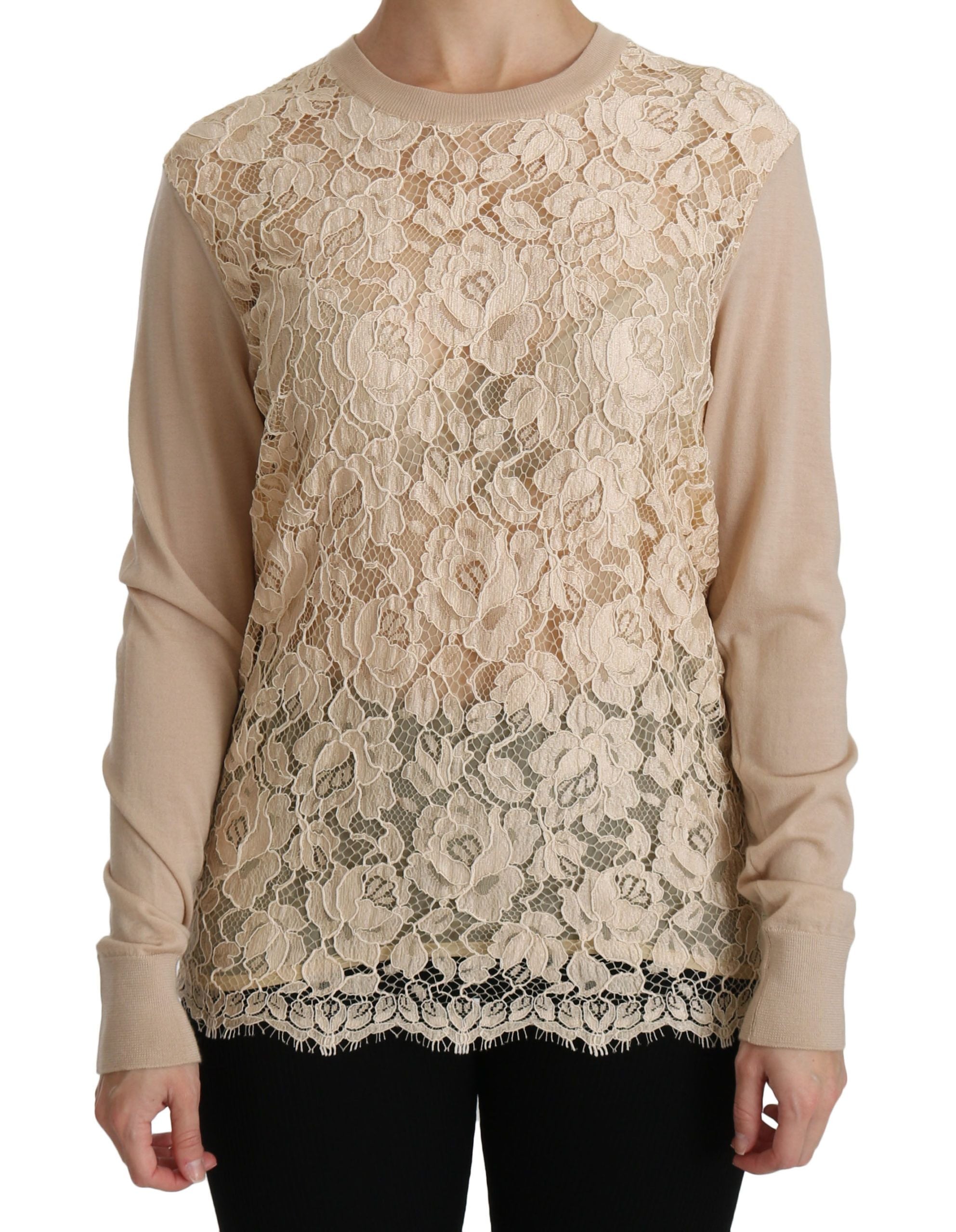 Dolce & Gabbana Elegant Beige Lace Crew Neck Cashmere Women's Blouse