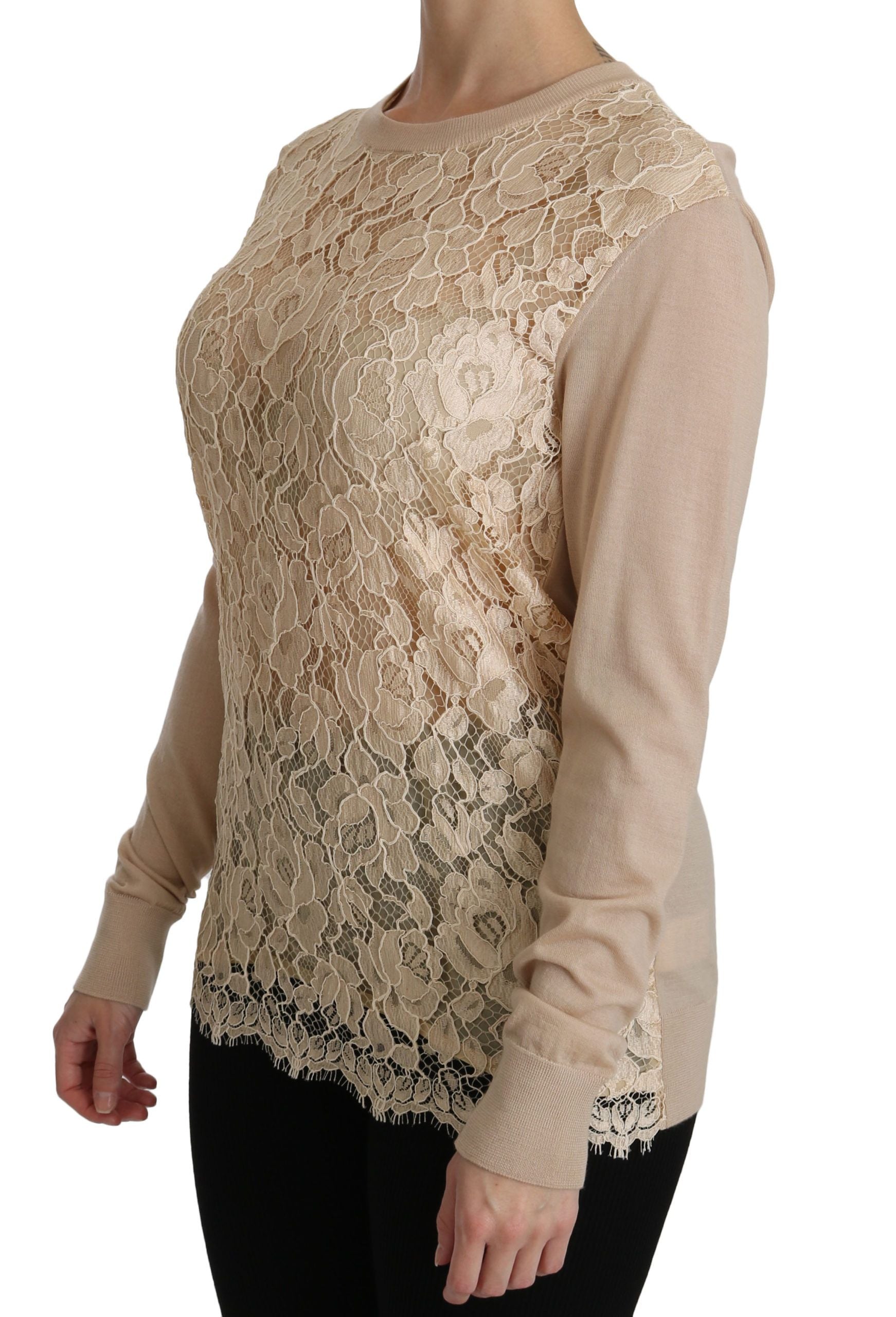 Dolce & Gabbana Elegant Beige Lace Crew Neck Cashmere Women's Blouse